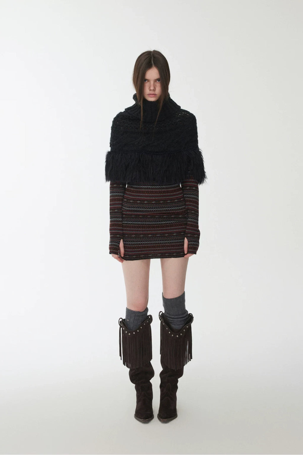 CABLE-KNIT FRINGED HIGH-NECK CAPELET – 2colors