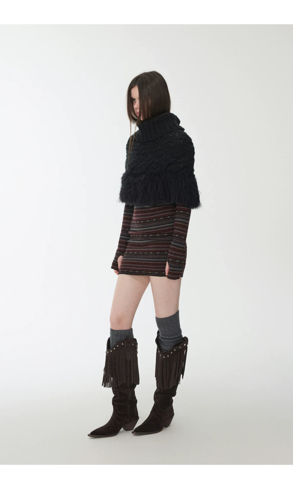 CABLE-KNIT FRINGED HIGH-NECK CAPELET – 2colors