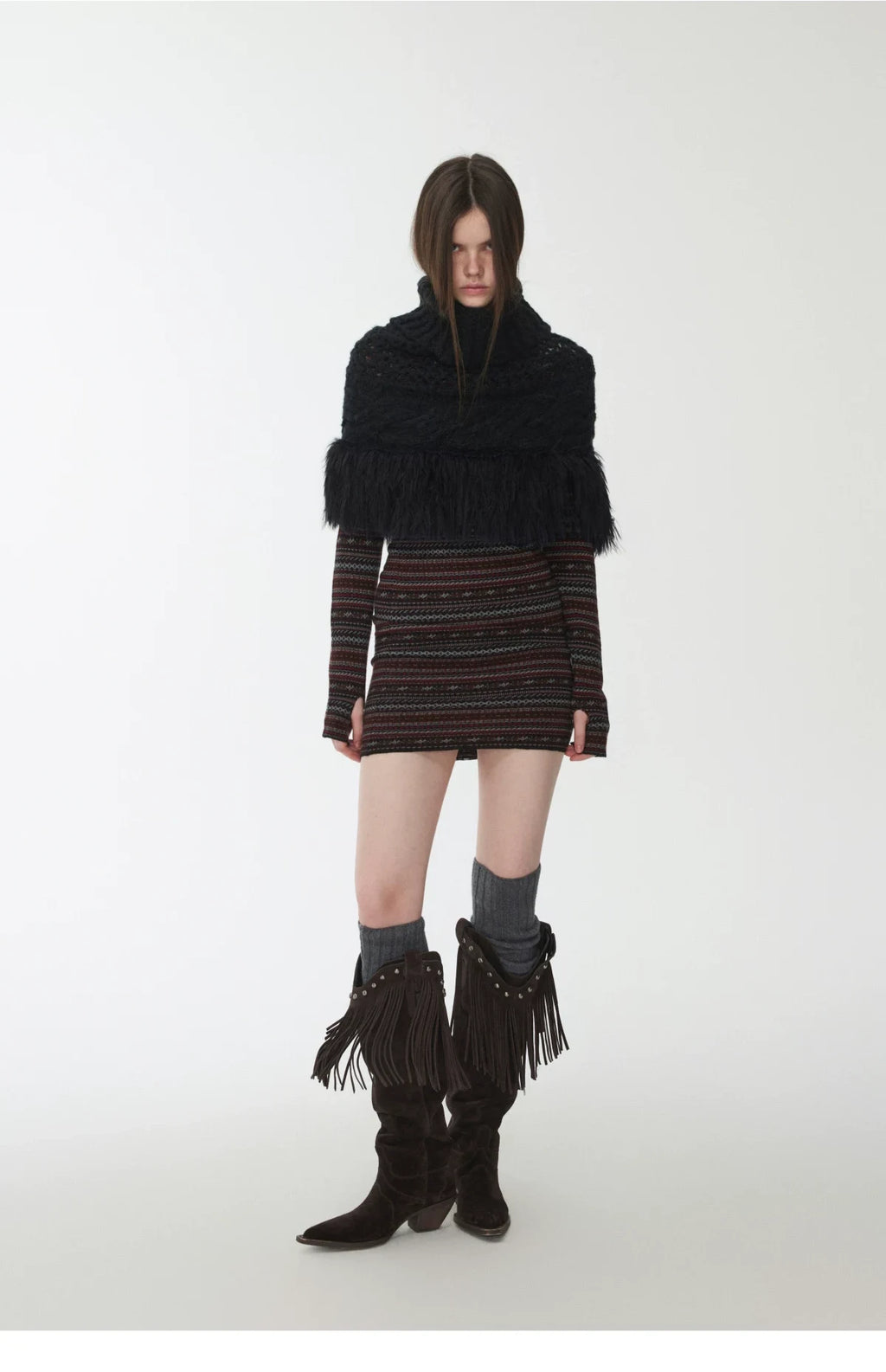 CABLE-KNIT FRINGED HIGH-NECK CAPELET – 2colors