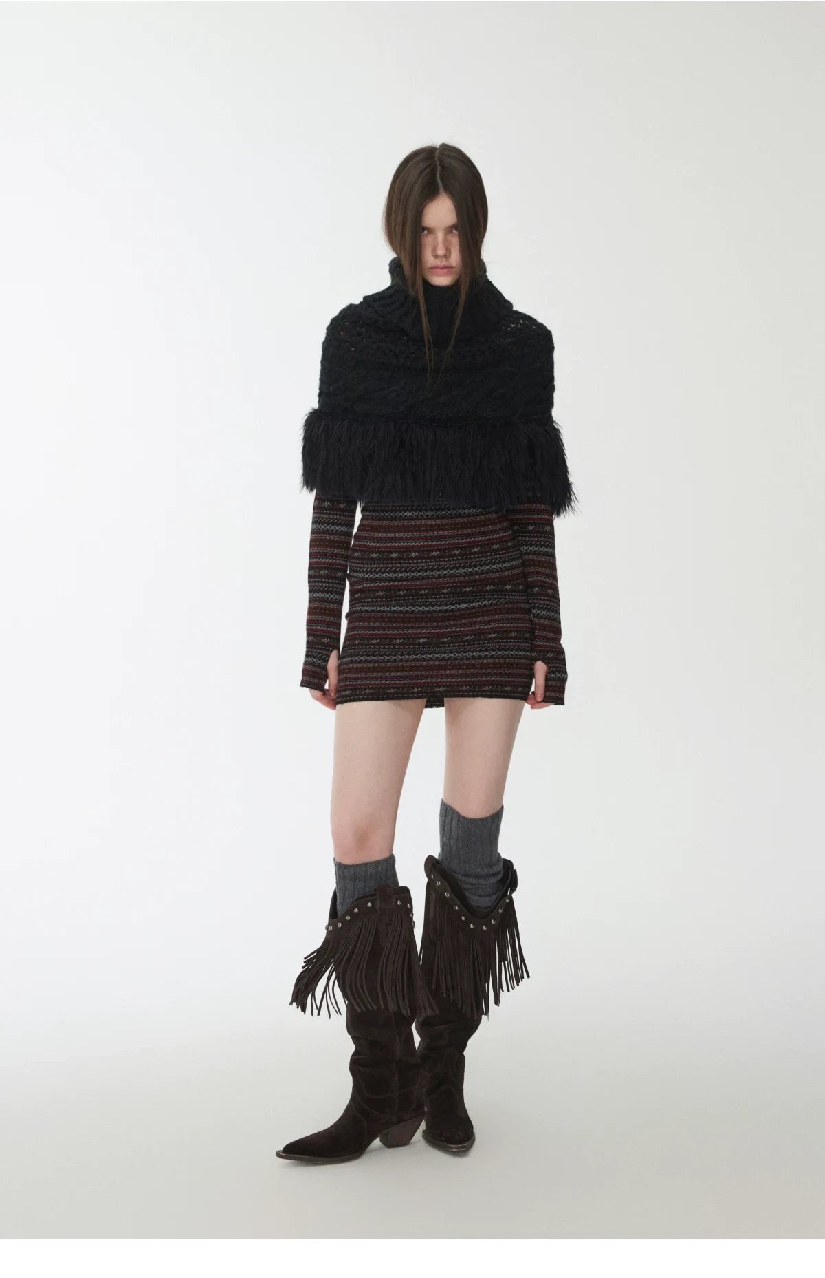 CABLE-KNIT FRINGED HIGH-NECK CAPELET – 2colors