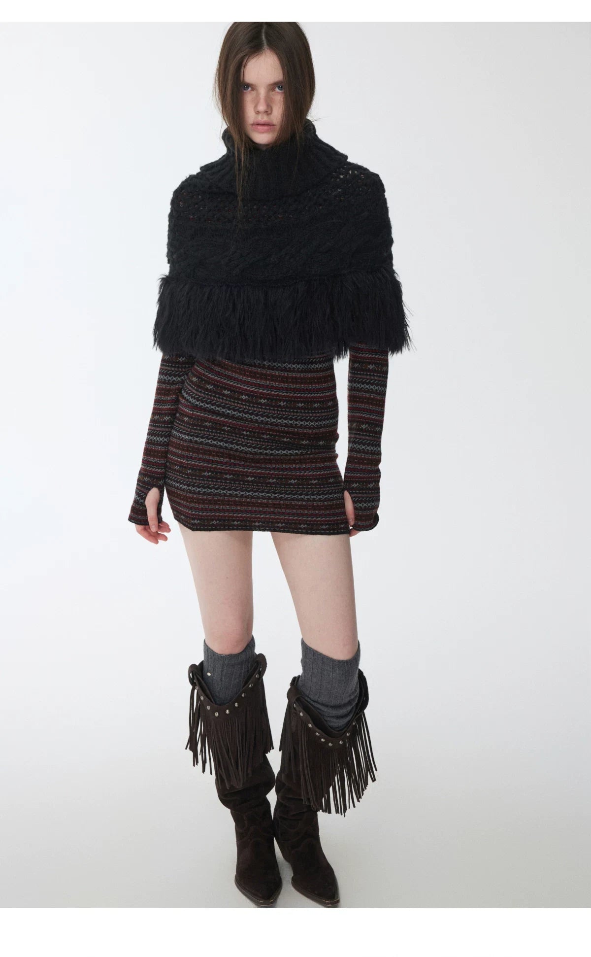 CABLE-KNIT FRINGED HIGH-NECK CAPELET – 2colors