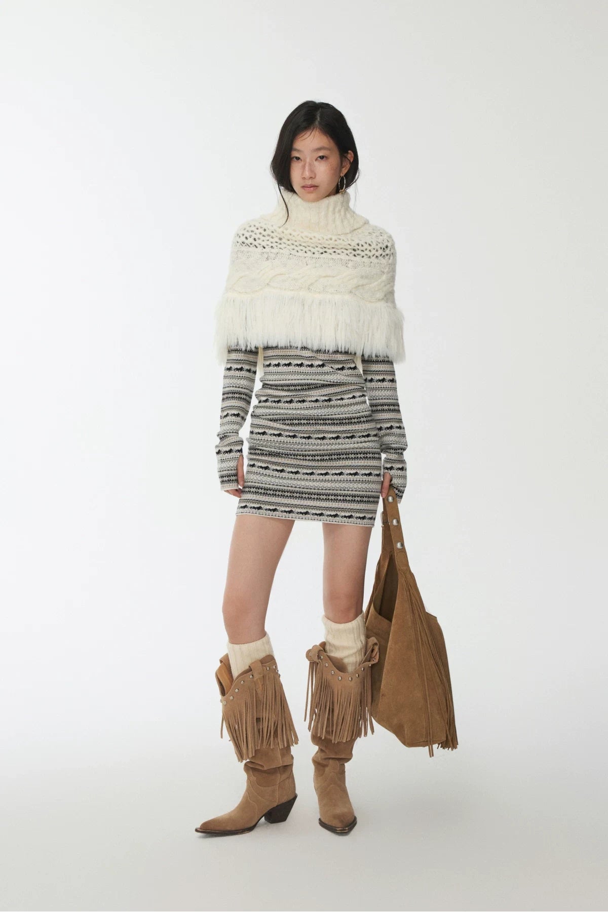CABLE-KNIT FRINGED HIGH-NECK CAPELET – 2colors