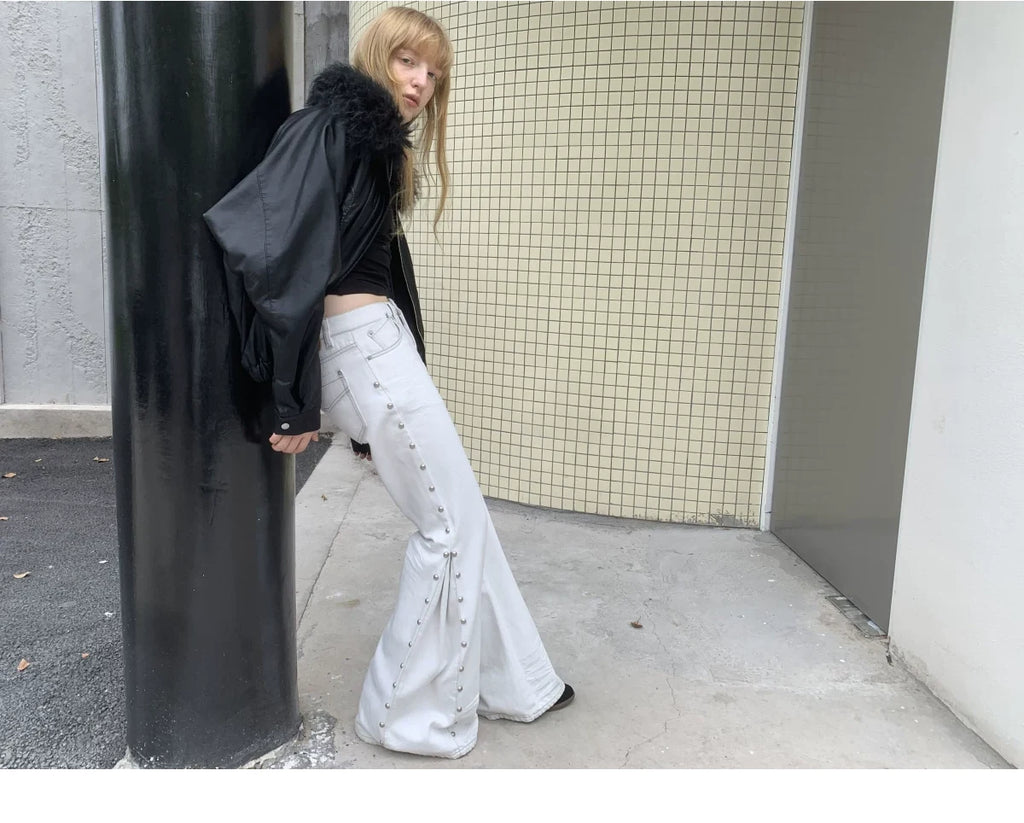 CAT-WHISKER STUDDED FLARED JEANS – 2colors