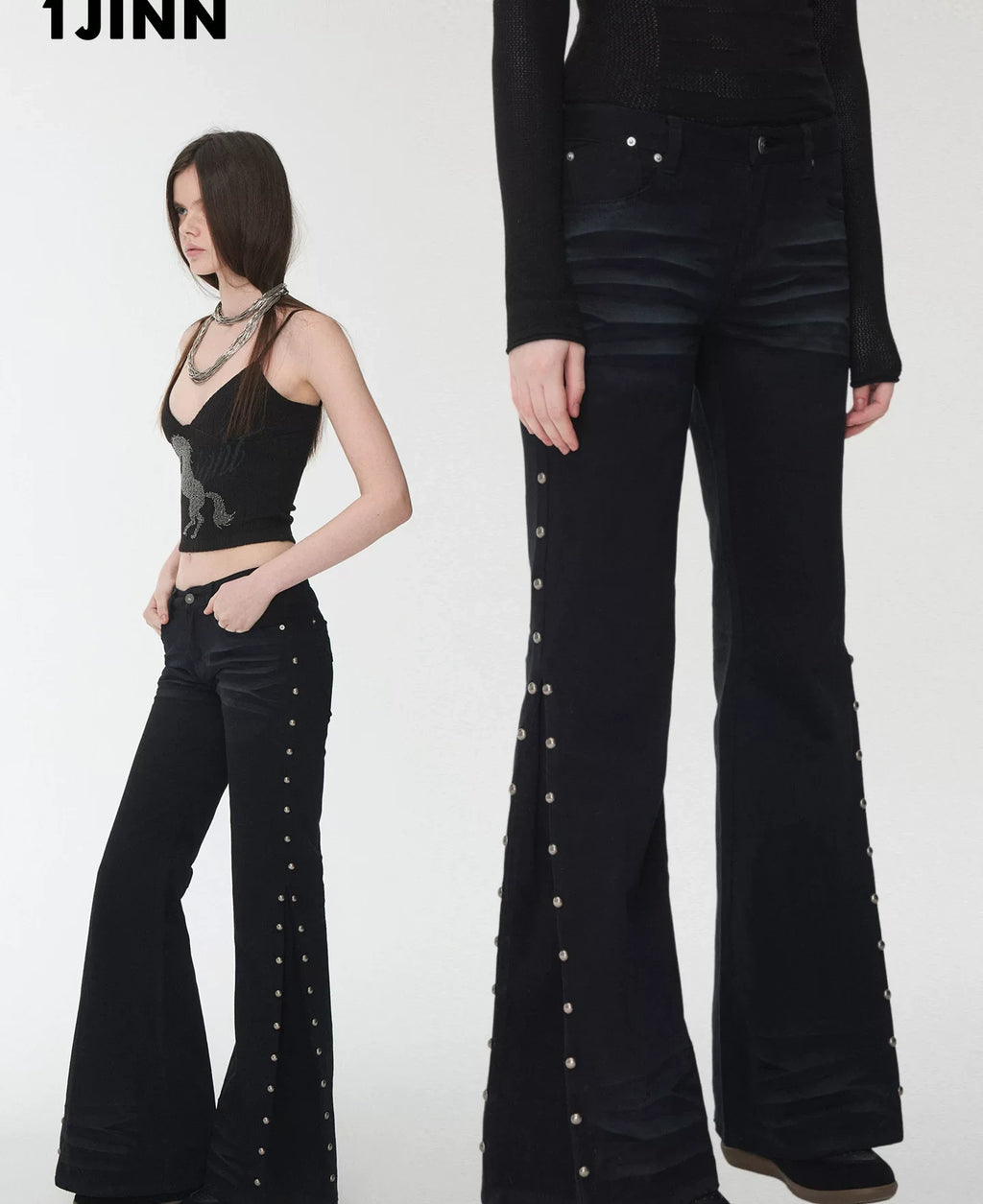 CAT-WHISKER STUDDED FLARED JEANS – 2colors