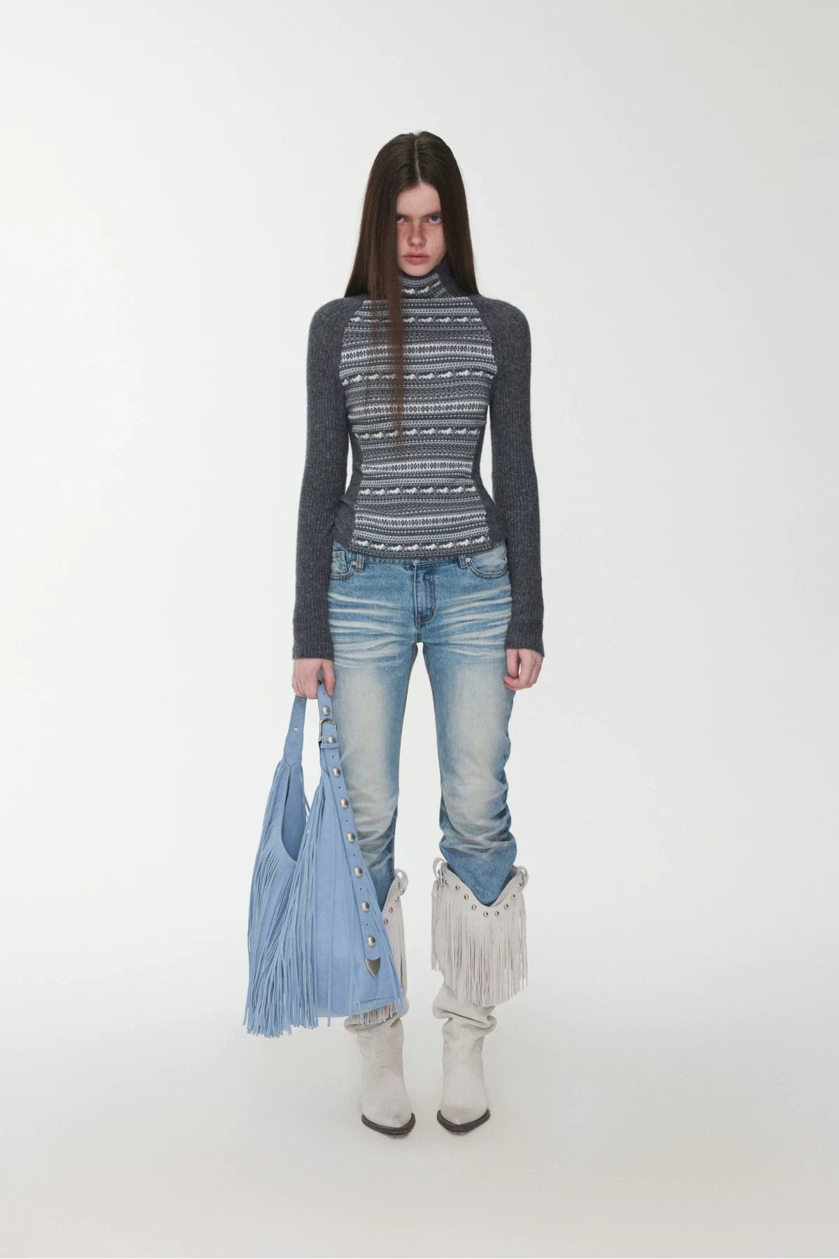 FAIR ISLE CONTRAST-PANEL HIGH-NECK KNIT TOP – 3colors
