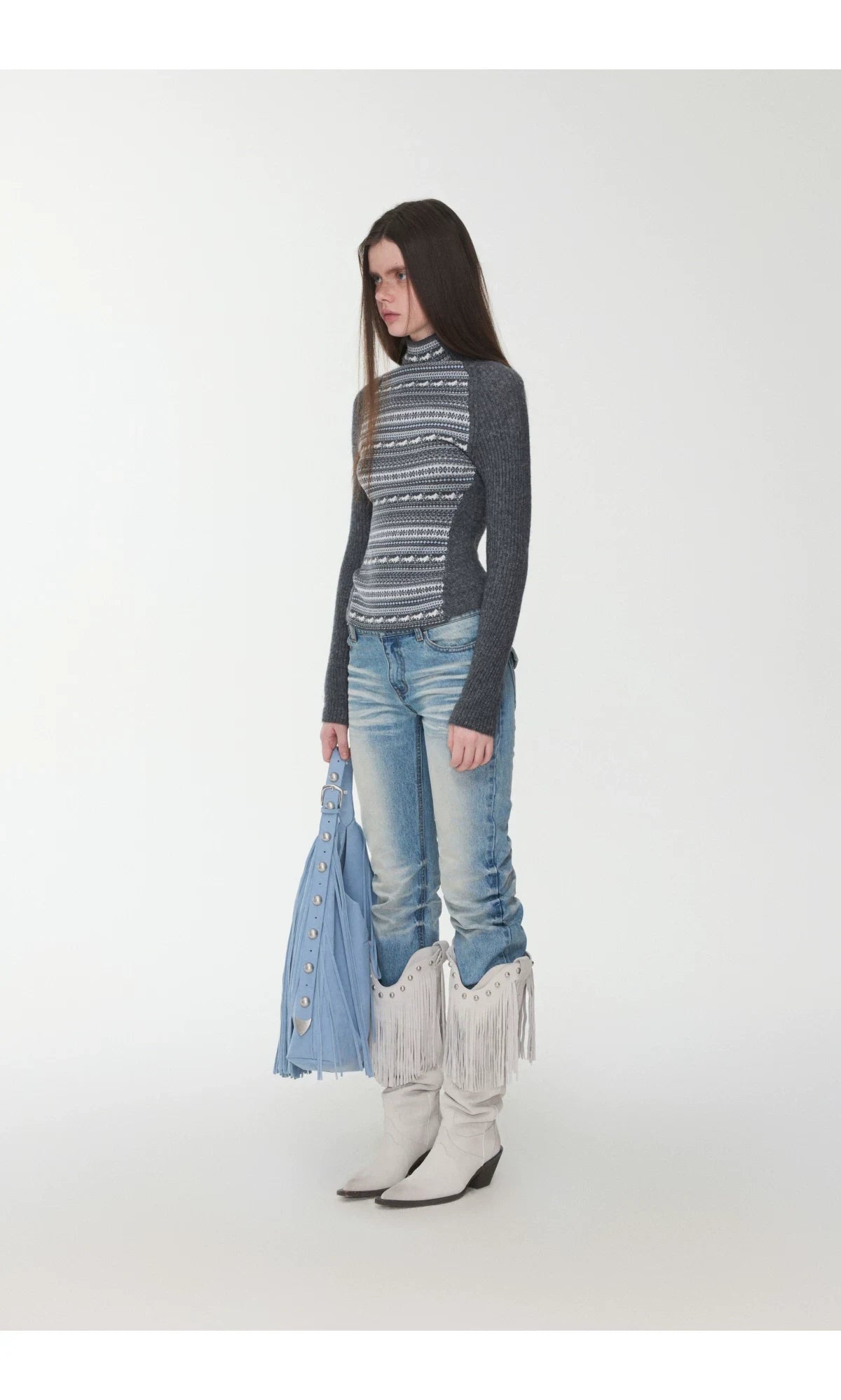 FAIR ISLE CONTRAST-PANEL HIGH-NECK KNIT TOP – 3colors