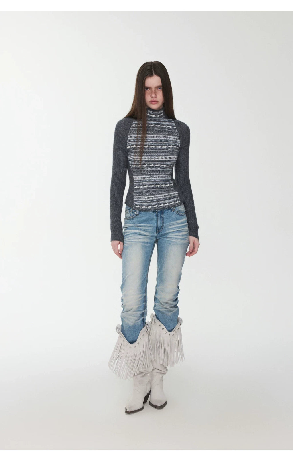 FAIR ISLE CONTRAST-PANEL HIGH-NECK KNIT TOP – 3colors