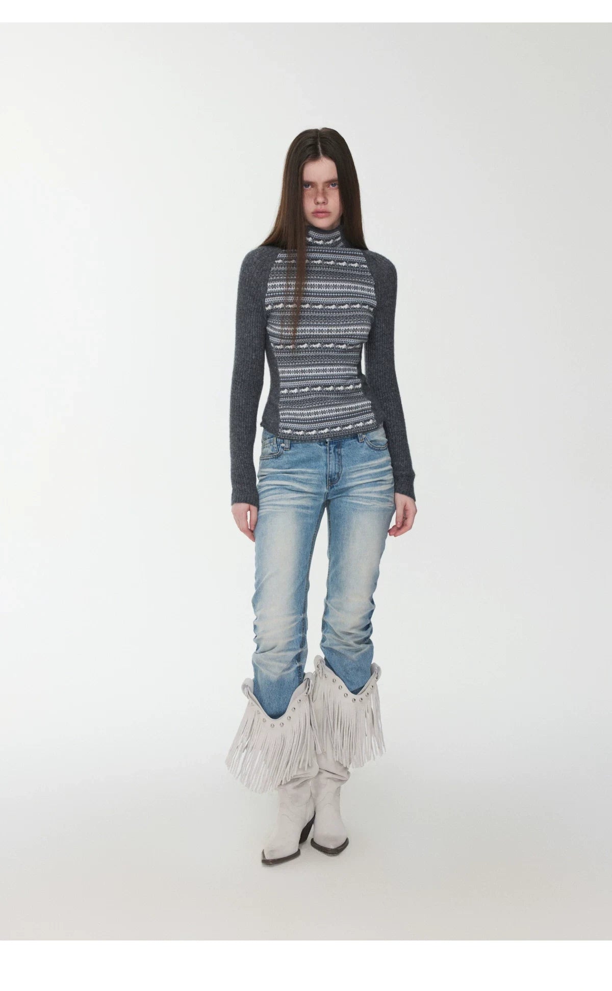 FAIR ISLE CONTRAST-PANEL HIGH-NECK KNIT TOP – 3colors