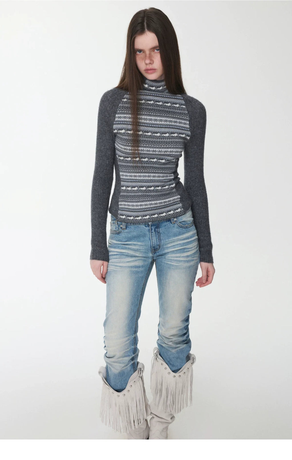 FAIR ISLE CONTRAST-PANEL HIGH-NECK KNIT TOP – 3colors