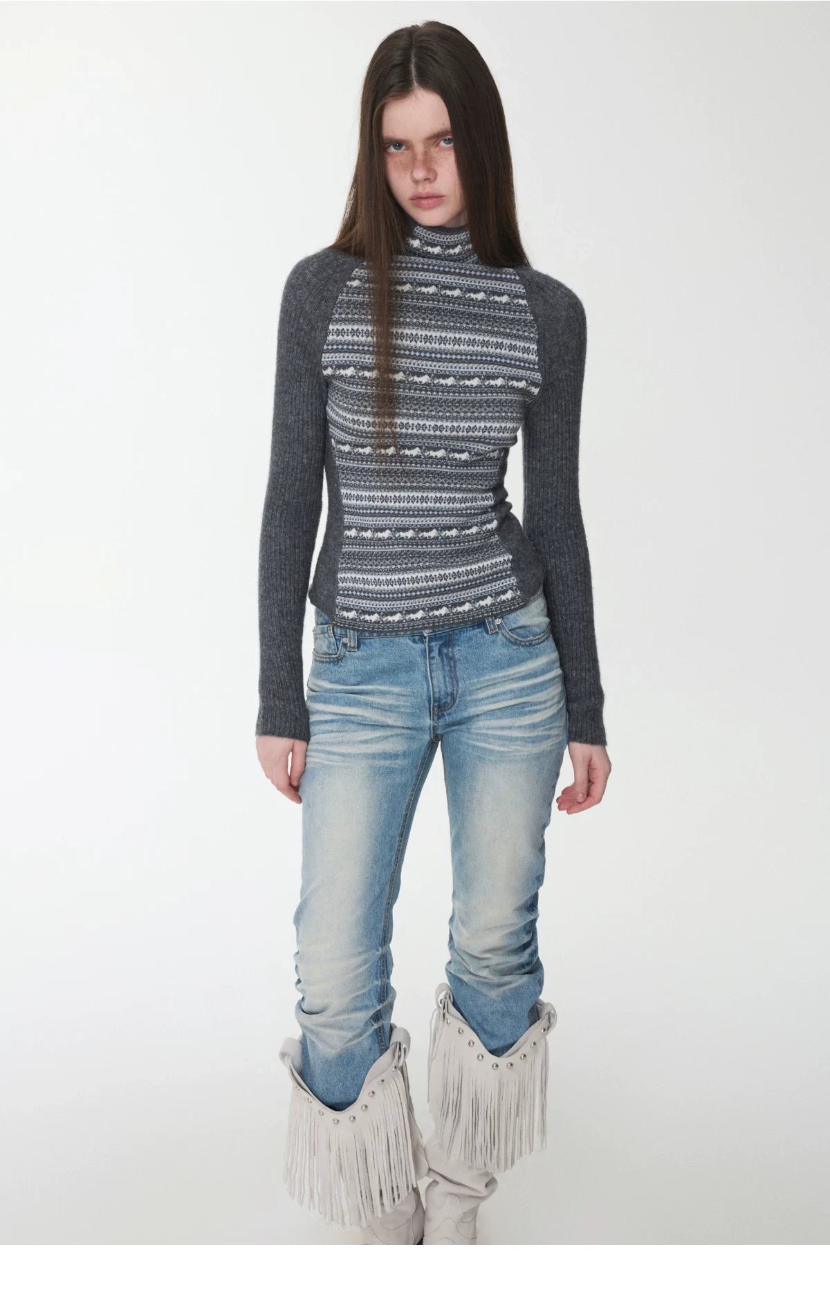 FAIR ISLE CONTRAST-PANEL HIGH-NECK KNIT TOP – 3colors