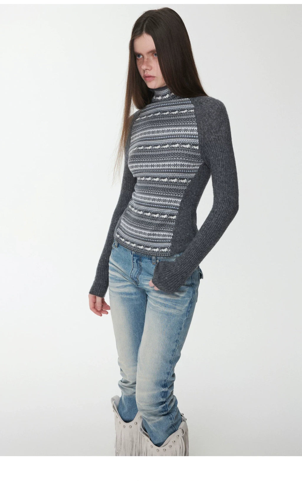 FAIR ISLE CONTRAST-PANEL HIGH-NECK KNIT TOP – 3colors