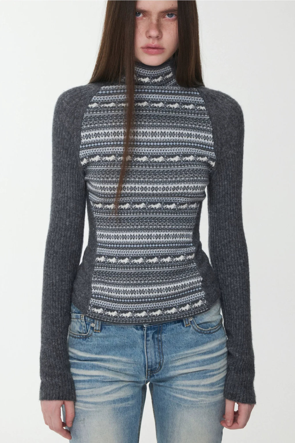 FAIR ISLE CONTRAST-PANEL HIGH-NECK KNIT TOP – 3colors