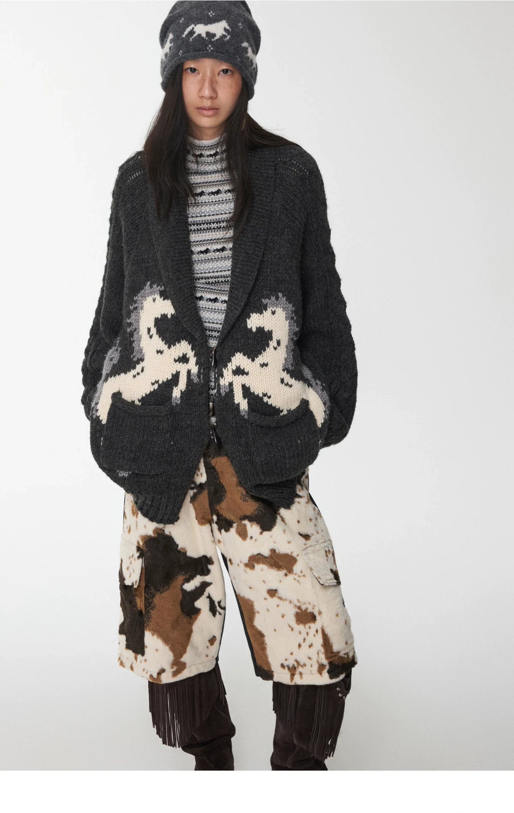 FAIR ISLE CONTRAST-PANEL HIGH-NECK KNIT TOP – 3colors