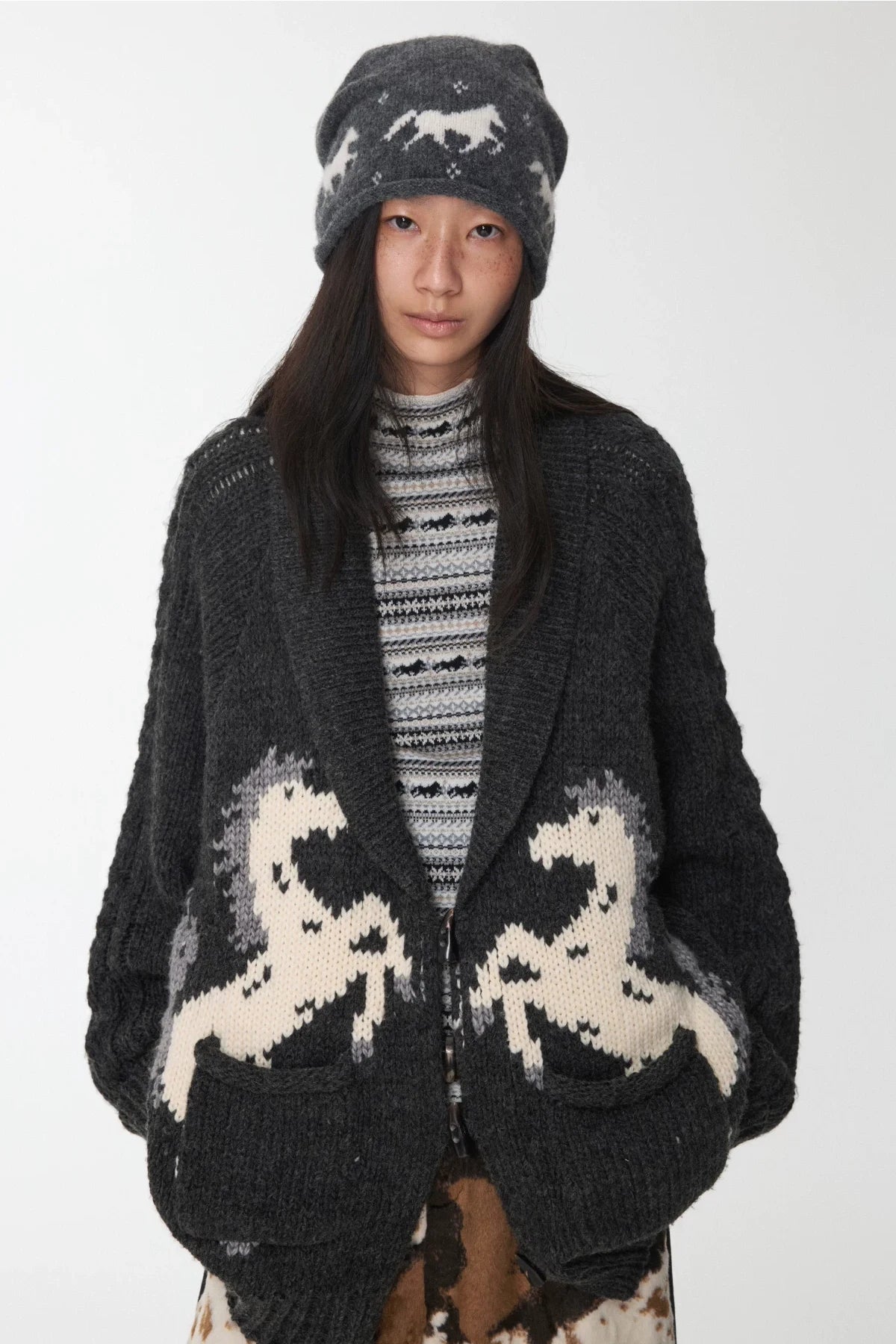 FAIR ISLE CONTRAST-PANEL HIGH-NECK KNIT TOP – 3colors