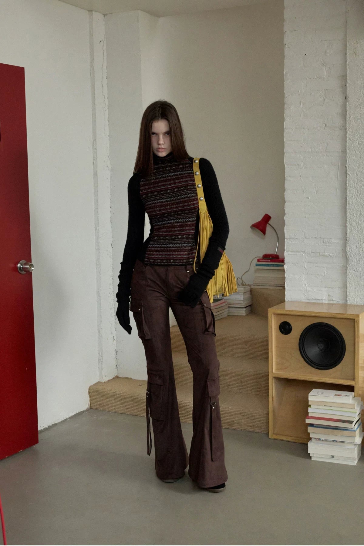 FAIR ISLE CONTRAST-PANEL HIGH-NECK KNIT TOP – 3colors