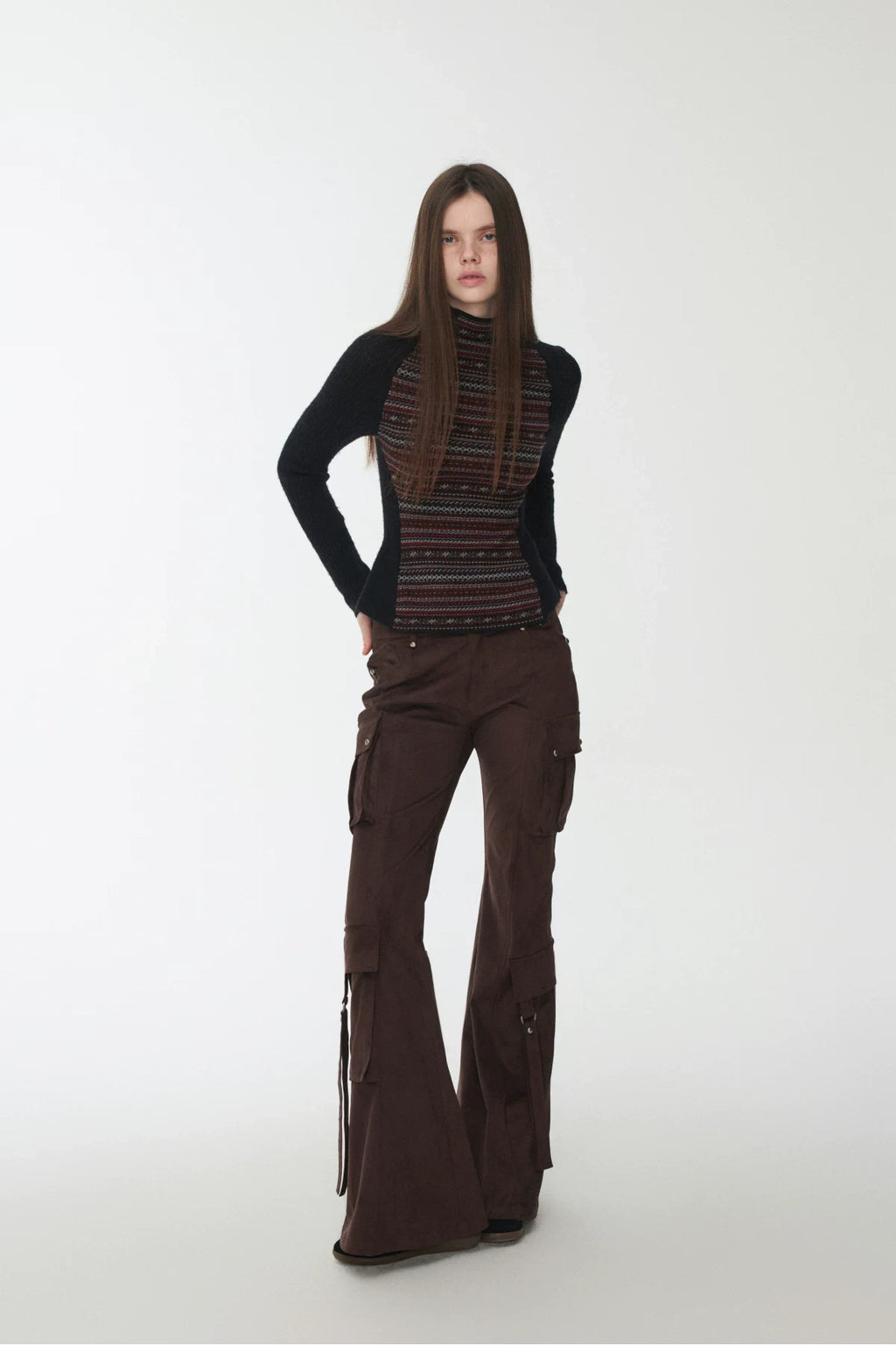 FAIR ISLE CONTRAST-PANEL HIGH-NECK KNIT TOP – 3colors