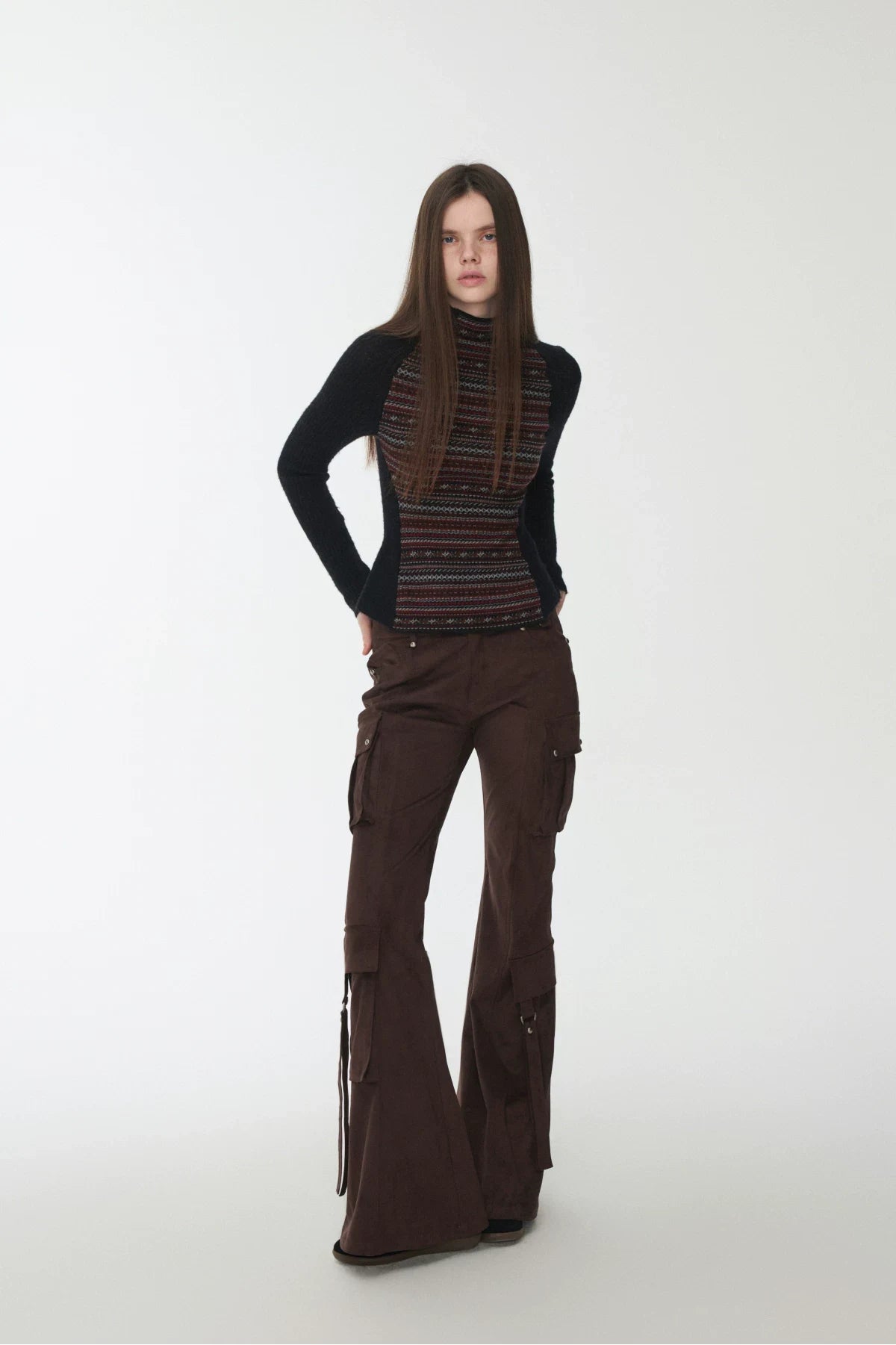 FAIR ISLE CONTRAST-PANEL HIGH-NECK KNIT TOP – 3colors