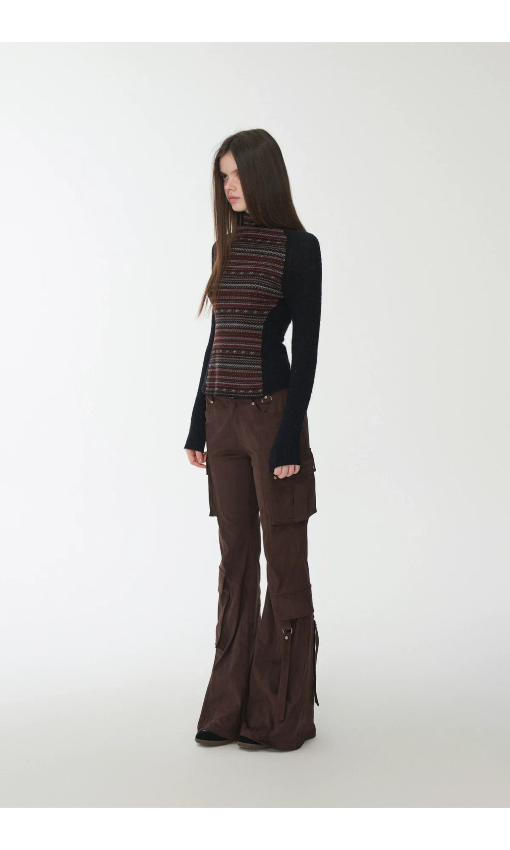 FAIR ISLE CONTRAST-PANEL HIGH-NECK KNIT TOP – 3colors