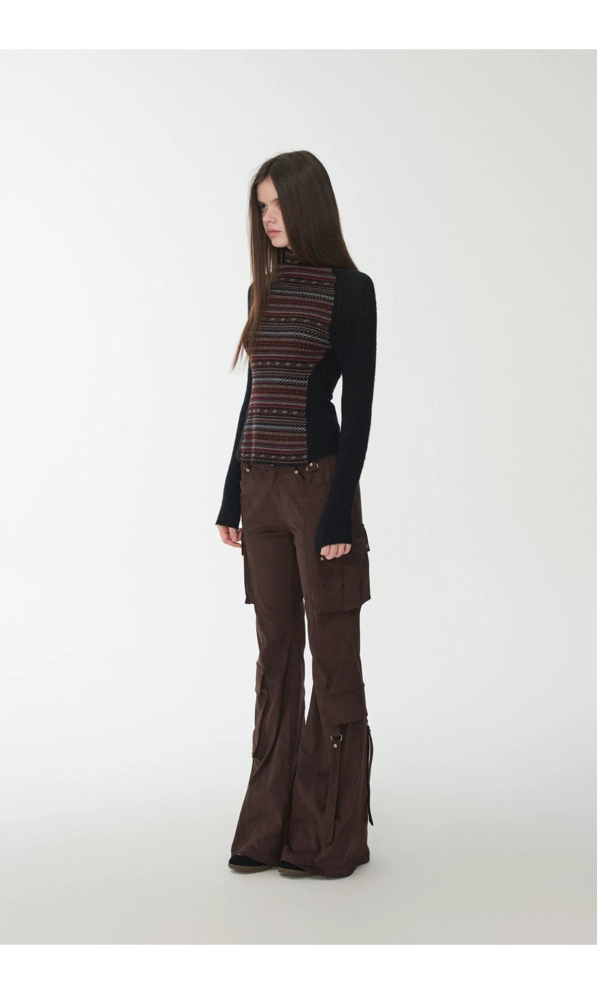 FAIR ISLE CONTRAST-PANEL HIGH-NECK KNIT TOP – 3colors