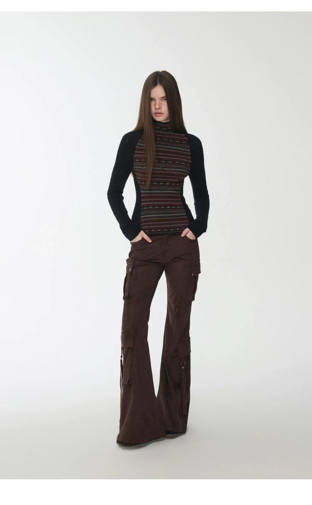 FAIR ISLE CONTRAST-PANEL HIGH-NECK KNIT TOP – 3colors