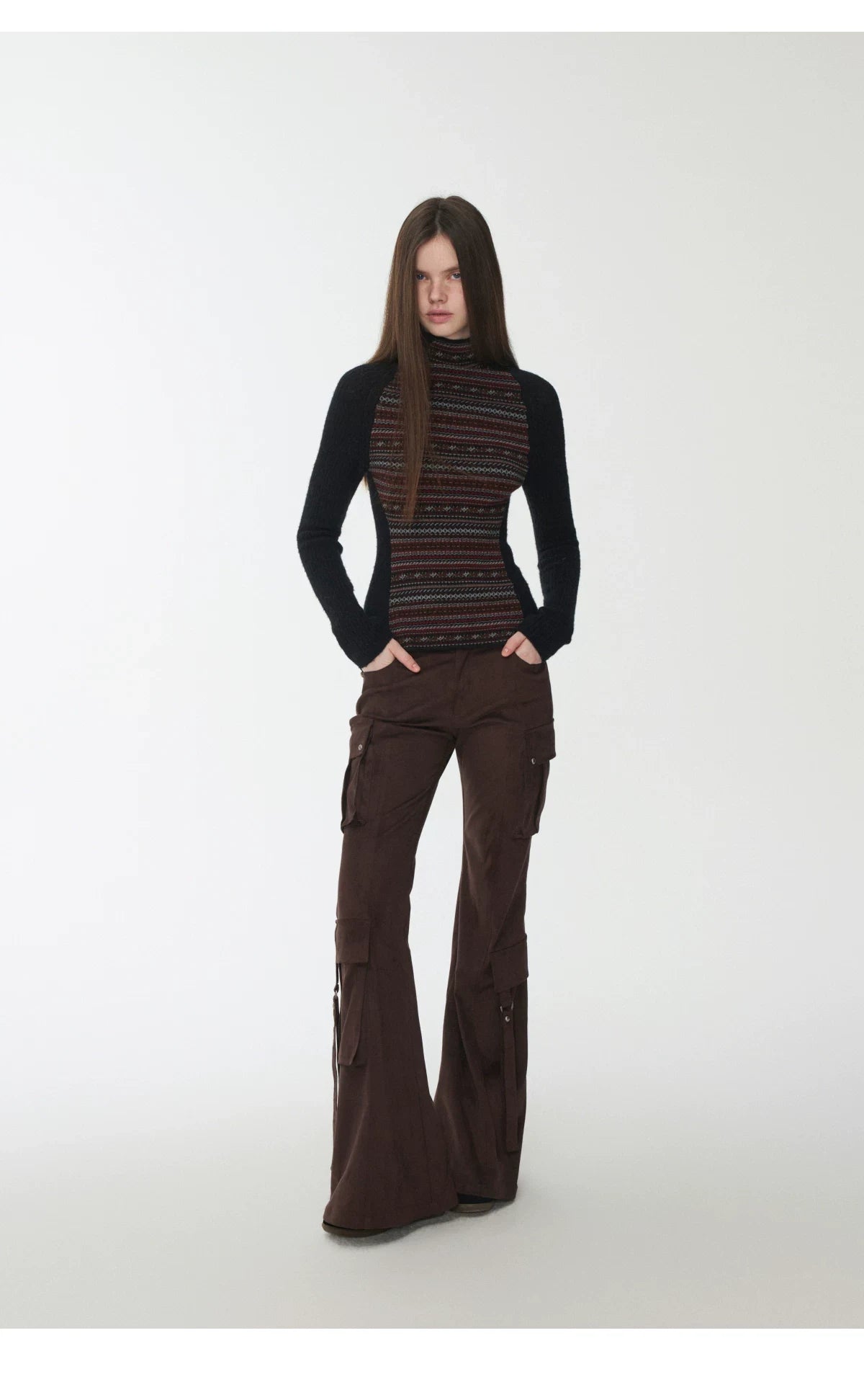 FAIR ISLE CONTRAST-PANEL HIGH-NECK KNIT TOP – 3colors