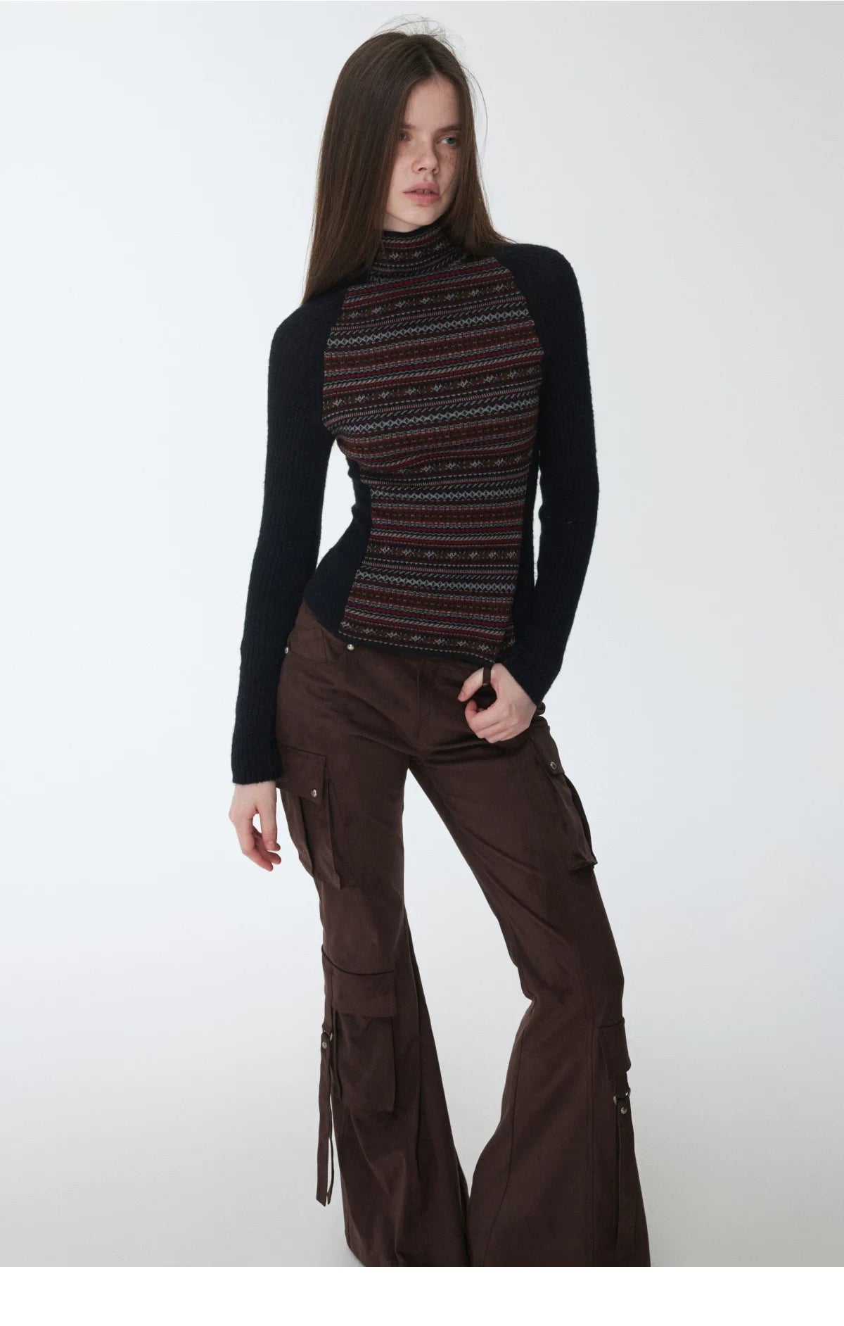 FAIR ISLE CONTRAST-PANEL HIGH-NECK KNIT TOP – 3colors