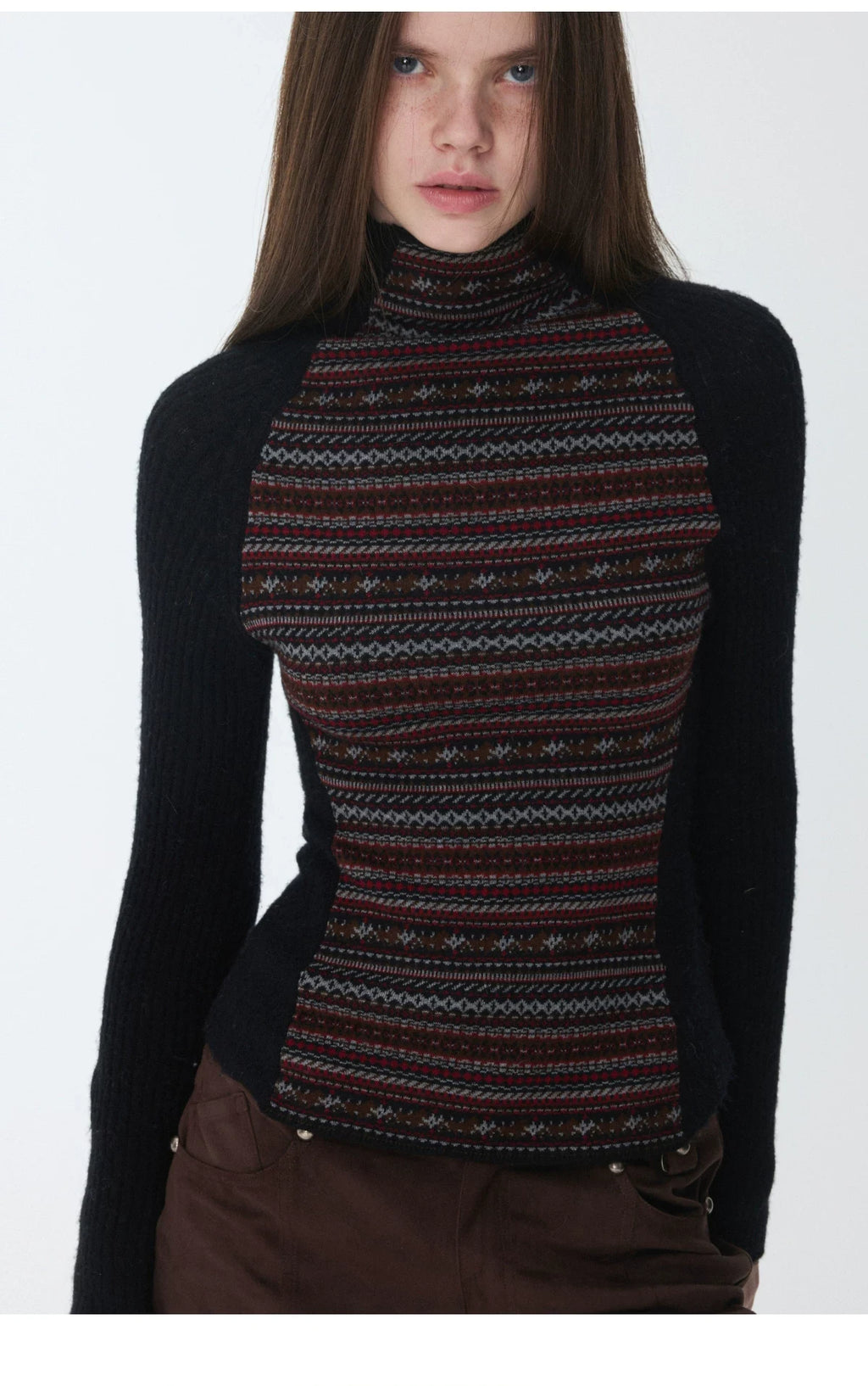 FAIR ISLE CONTRAST-PANEL HIGH-NECK KNIT TOP – 3colors