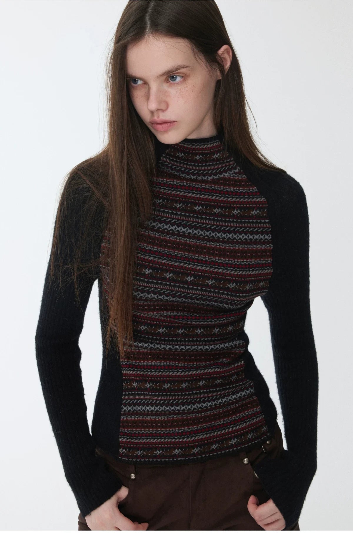 FAIR ISLE CONTRAST-PANEL HIGH-NECK KNIT TOP – 3colors