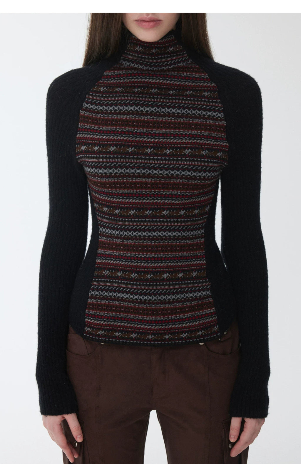 FAIR ISLE CONTRAST-PANEL HIGH-NECK KNIT TOP – 3colors