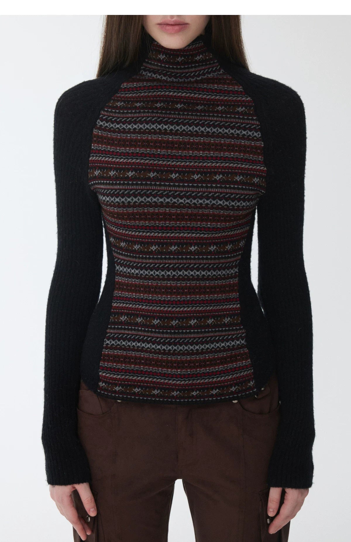 FAIR ISLE CONTRAST-PANEL HIGH-NECK KNIT TOP – 3colors