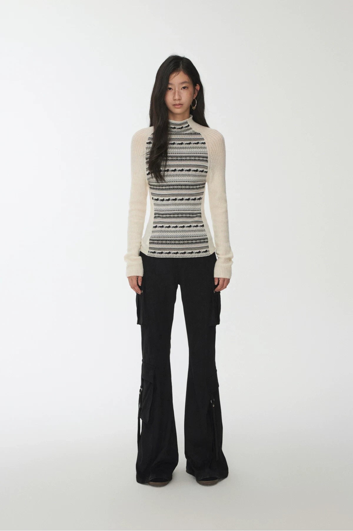 FAIR ISLE CONTRAST-PANEL HIGH-NECK KNIT TOP – 3colors