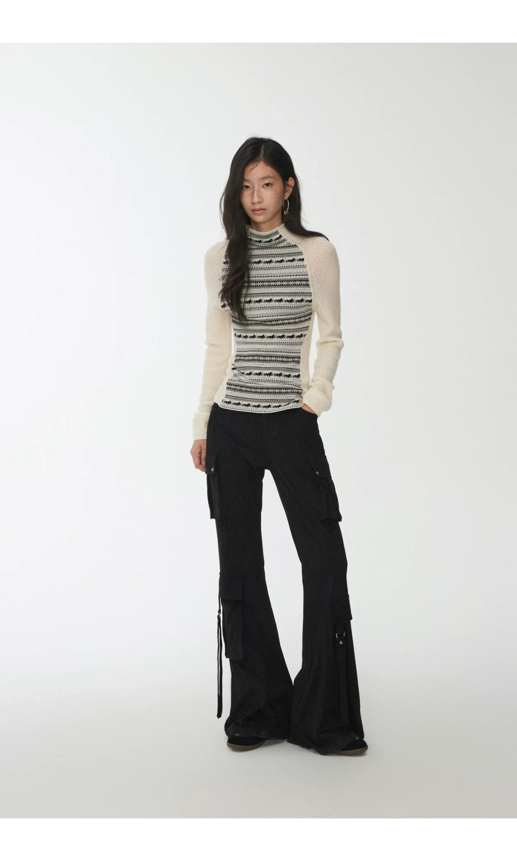 FAIR ISLE CONTRAST-PANEL HIGH-NECK KNIT TOP – 3colors