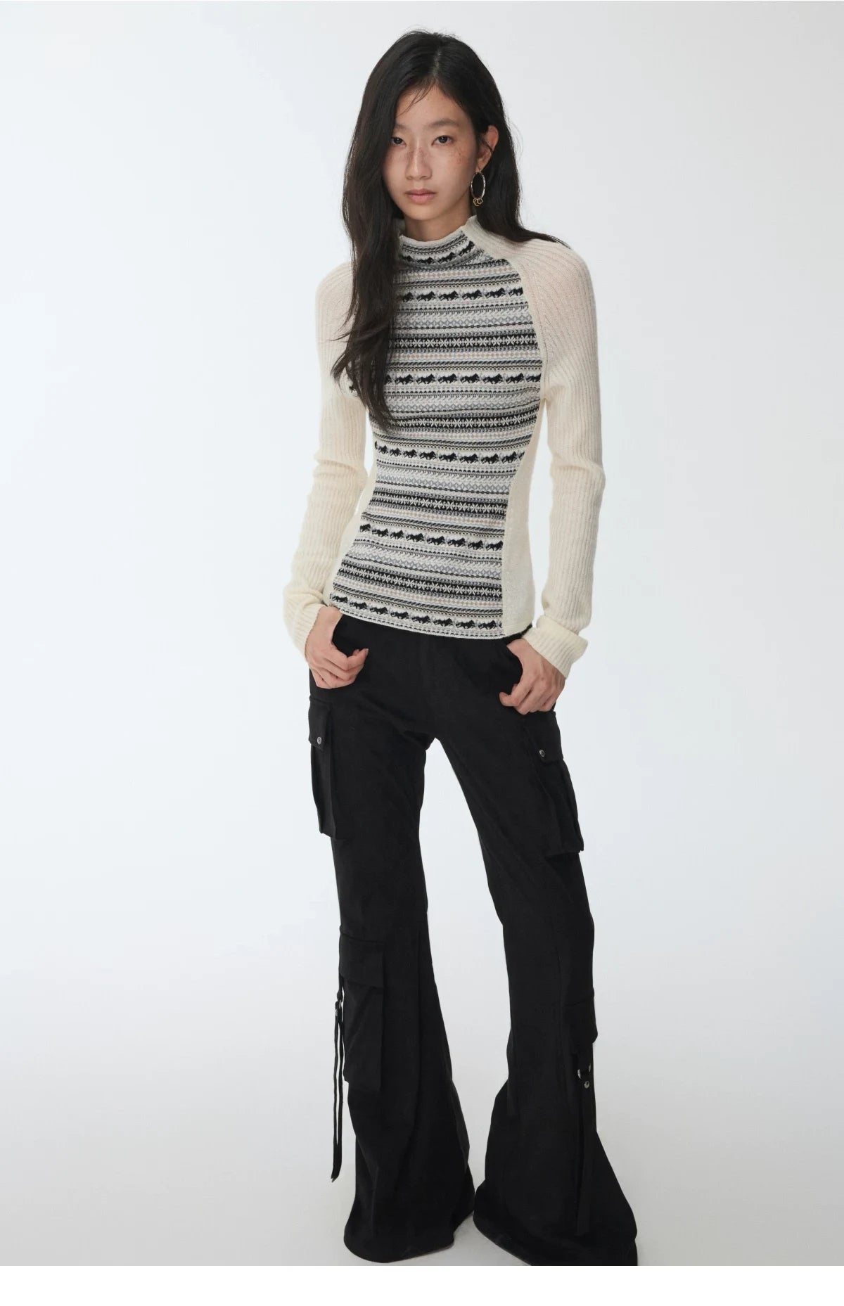 FAIR ISLE CONTRAST-PANEL HIGH-NECK KNIT TOP – 3colors