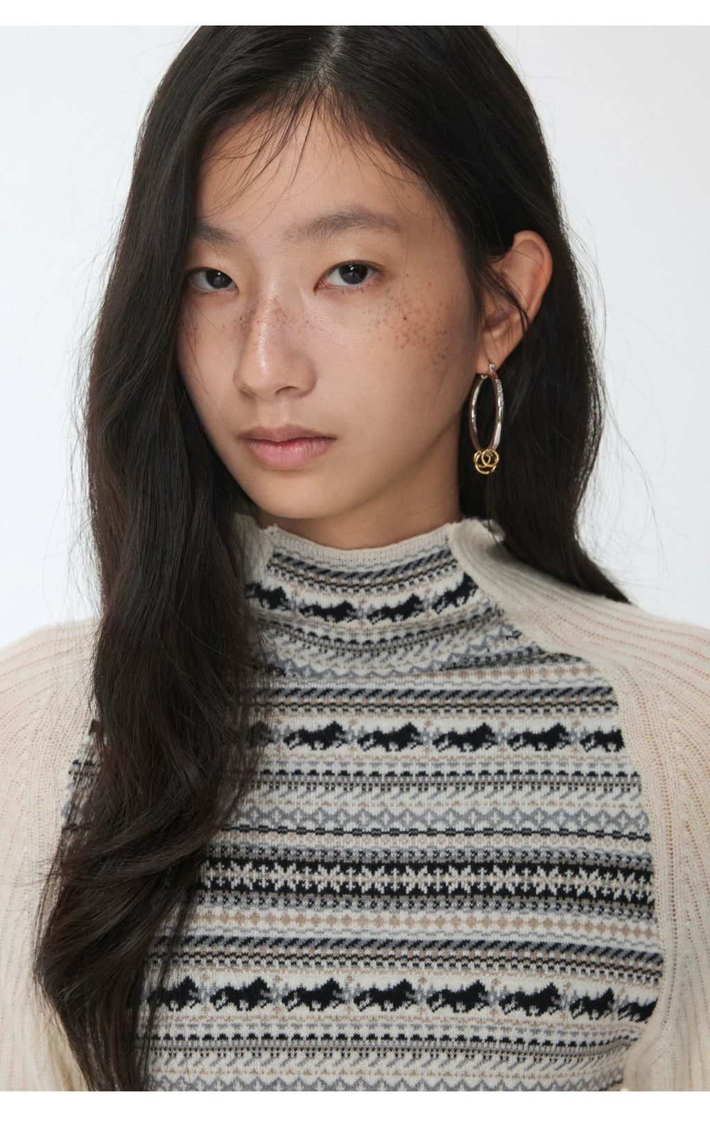 FAIR ISLE CONTRAST-PANEL HIGH-NECK KNIT TOP – 3colors