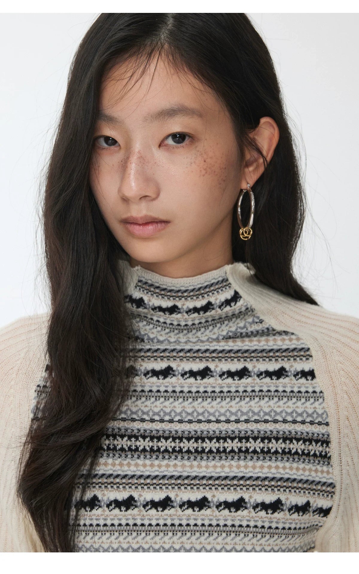 FAIR ISLE CONTRAST-PANEL HIGH-NECK KNIT TOP – 3colors