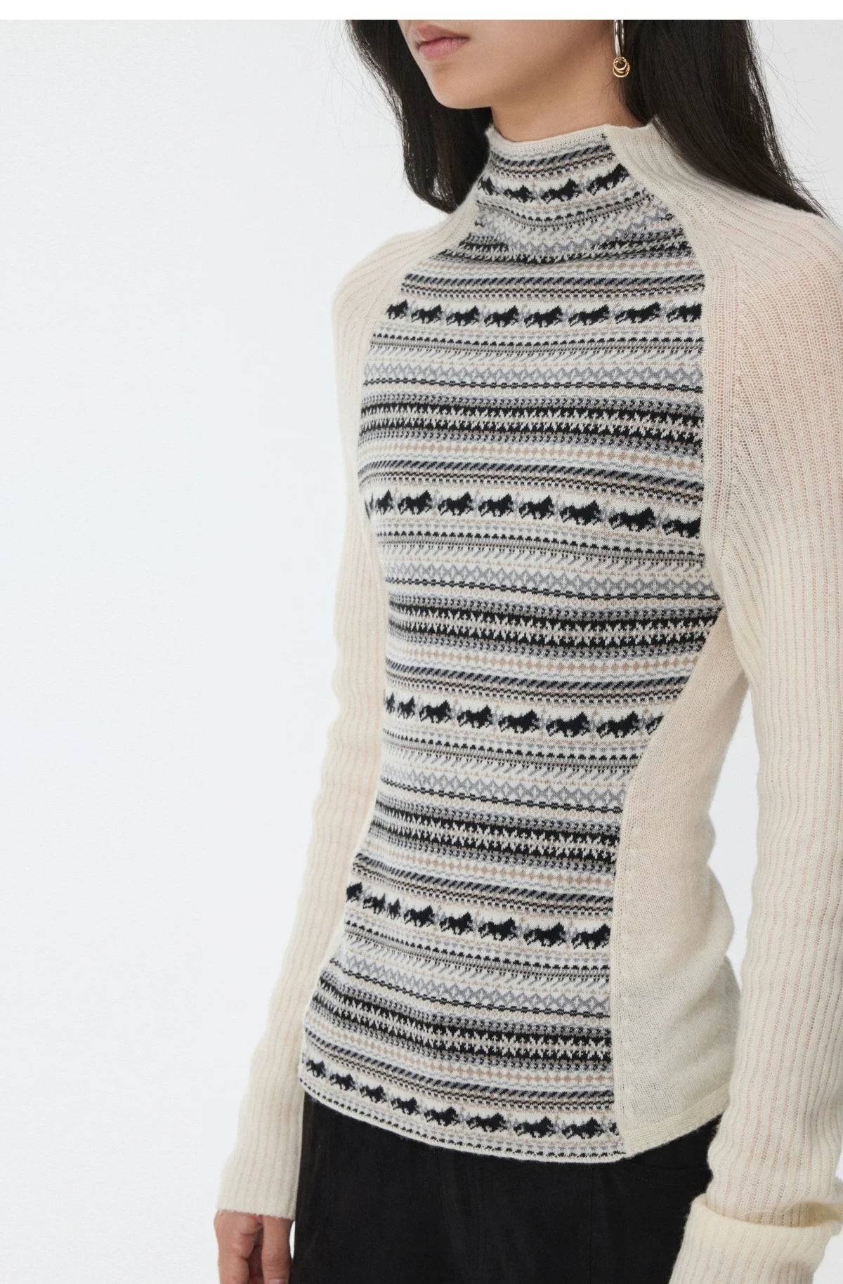 FAIR ISLE CONTRAST-PANEL HIGH-NECK KNIT TOP – 3colors