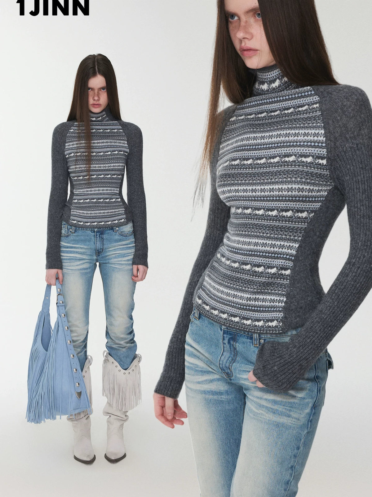 FAIR ISLE CONTRAST-PANEL HIGH-NECK KNIT TOP – 3colors