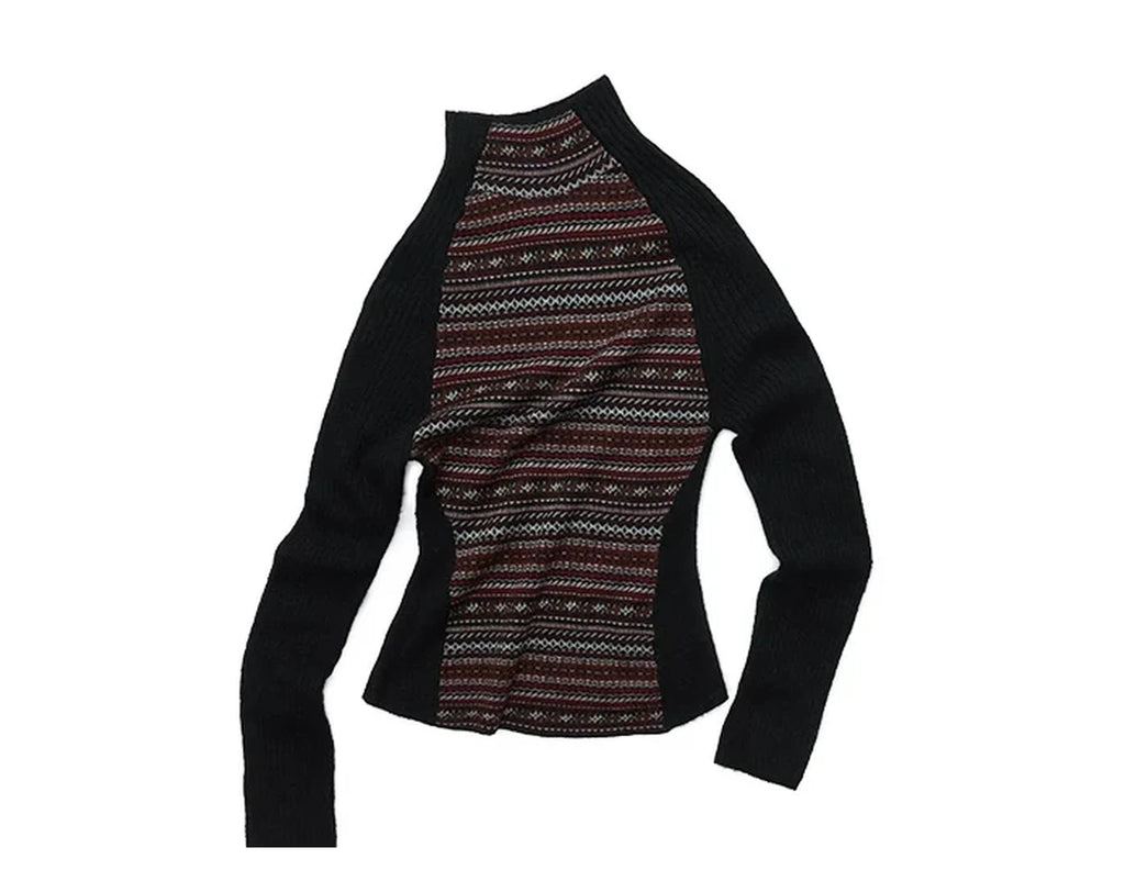 FAIR ISLE CONTRAST-PANEL HIGH-NECK KNIT TOP – 3colors