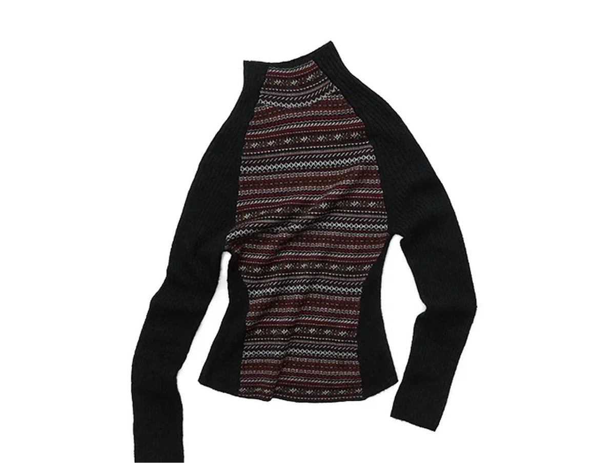 FAIR ISLE CONTRAST-PANEL HIGH-NECK KNIT TOP – 3colors