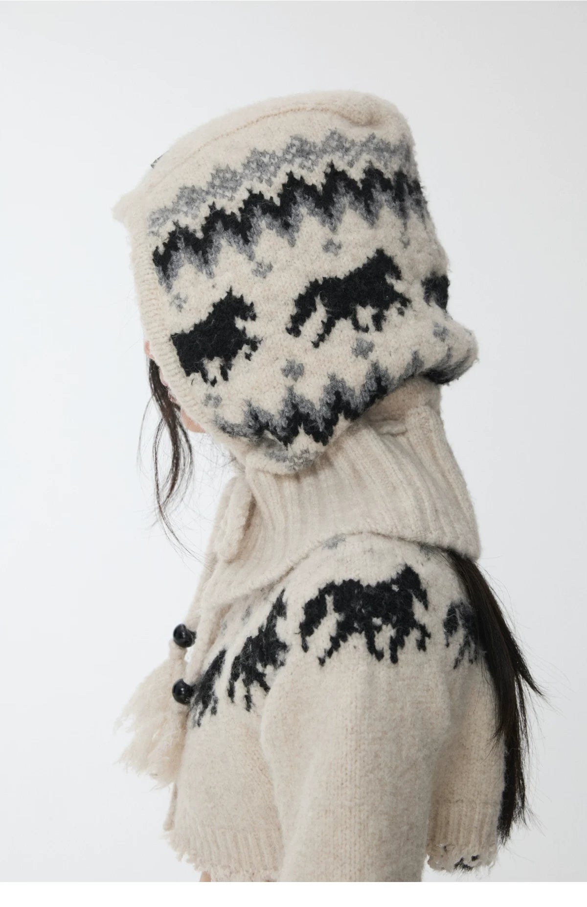 FAIR ISLE PONY JACQUARD KNIT HOOD – 3colors
