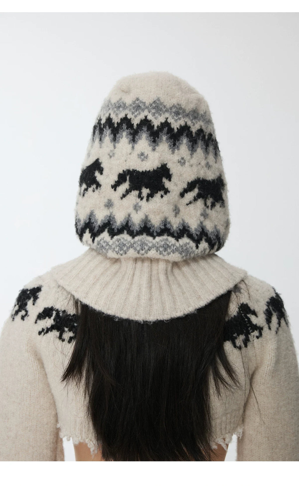 FAIR ISLE PONY JACQUARD KNIT HOOD – 3colors