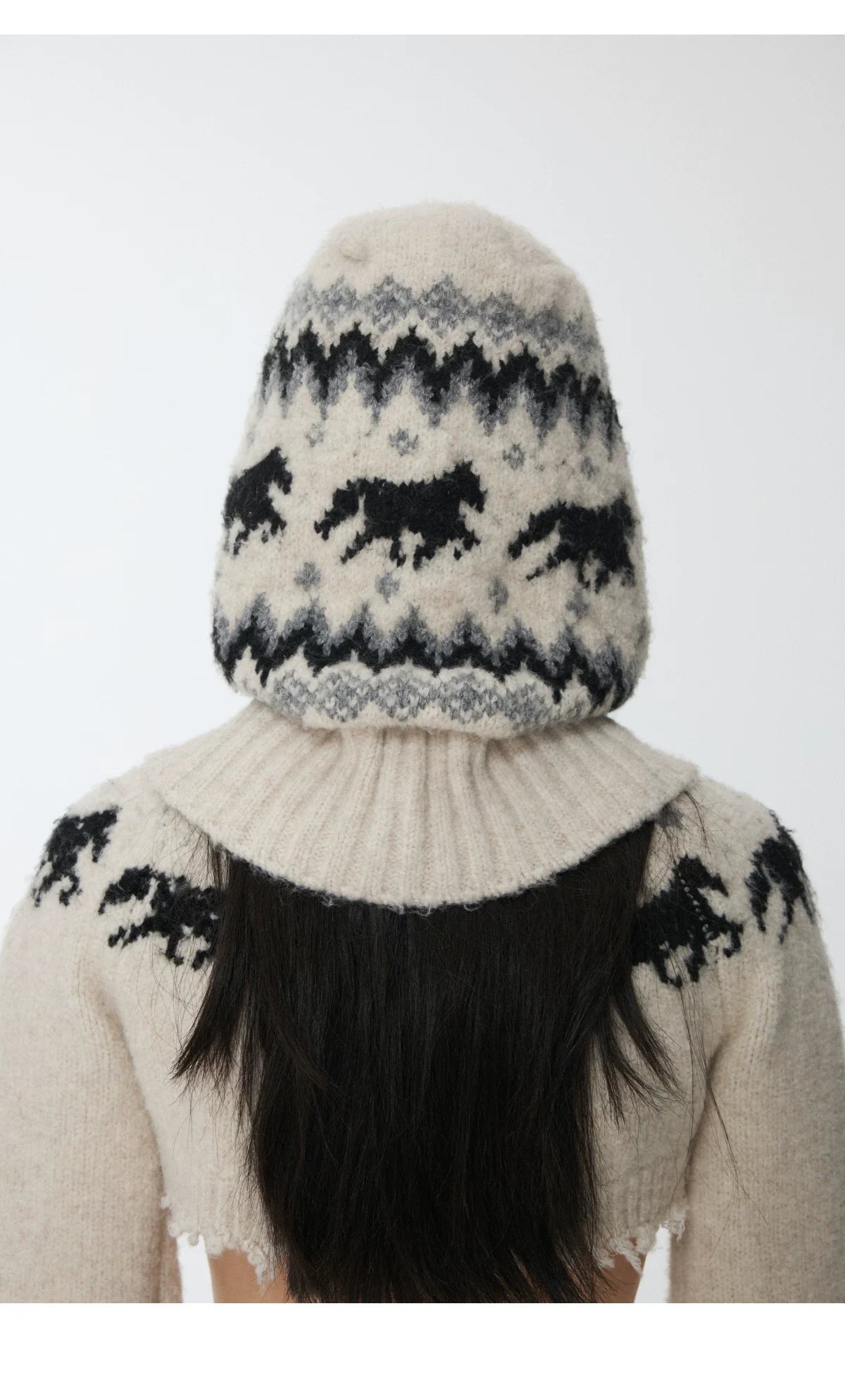 FAIR ISLE PONY JACQUARD KNIT HOOD – 3colors
