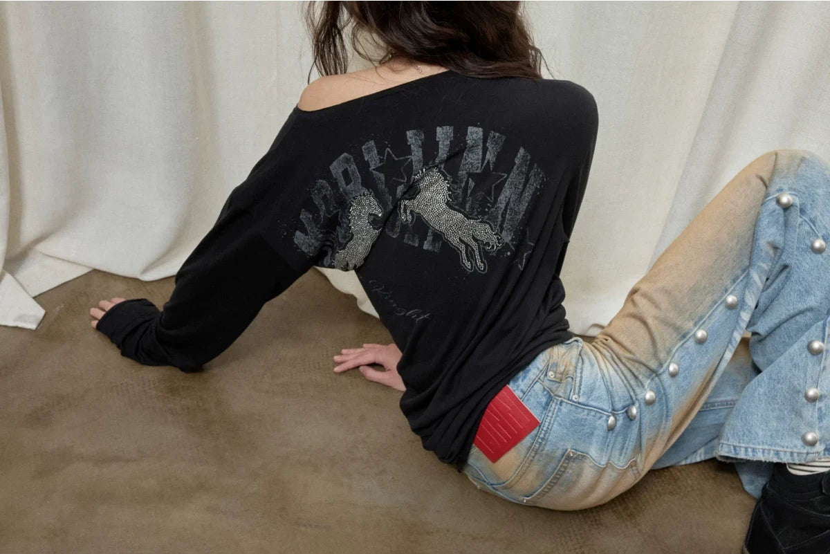 KNIGHT RHINESTONE OFF-SHOULDER LONG-SLEEVE TOP – 3colors