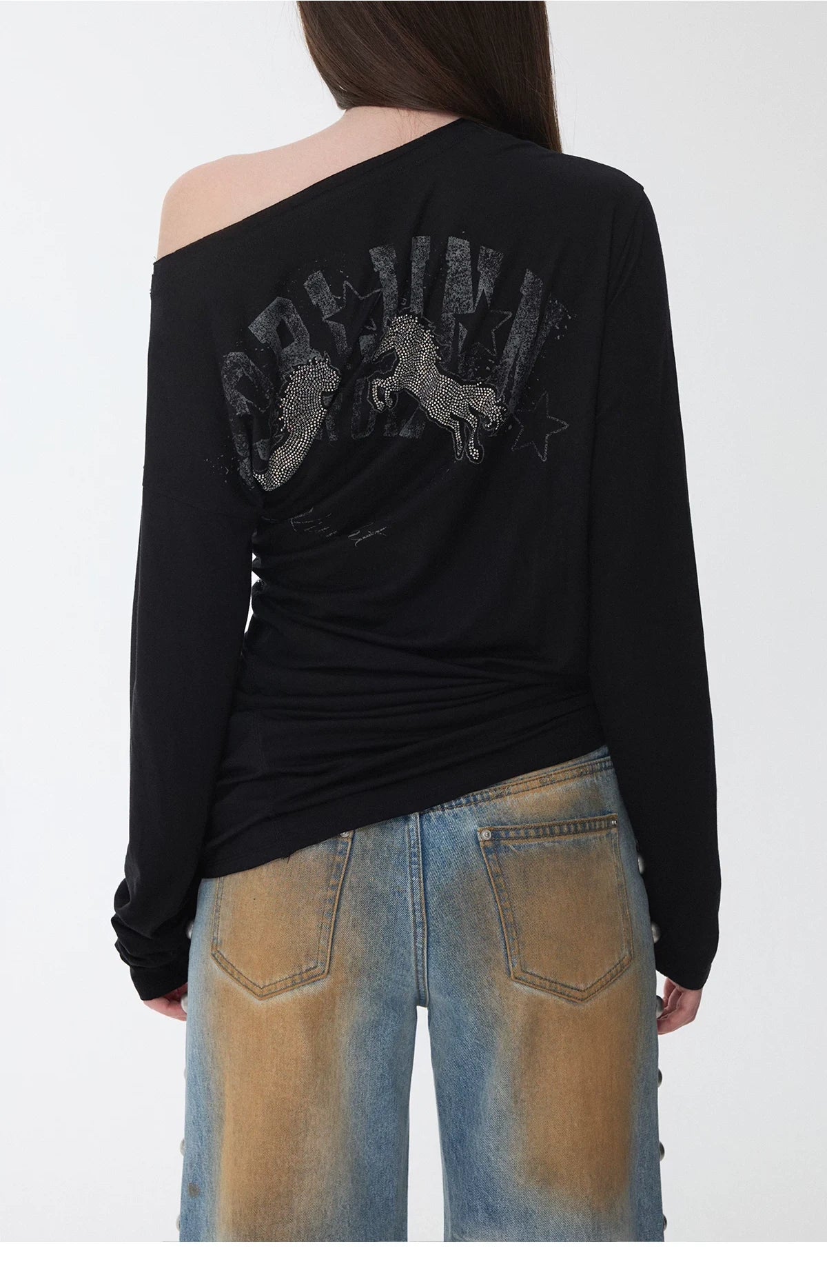 KNIGHT RHINESTONE OFF-SHOULDER LONG-SLEEVE TOP – 3colors