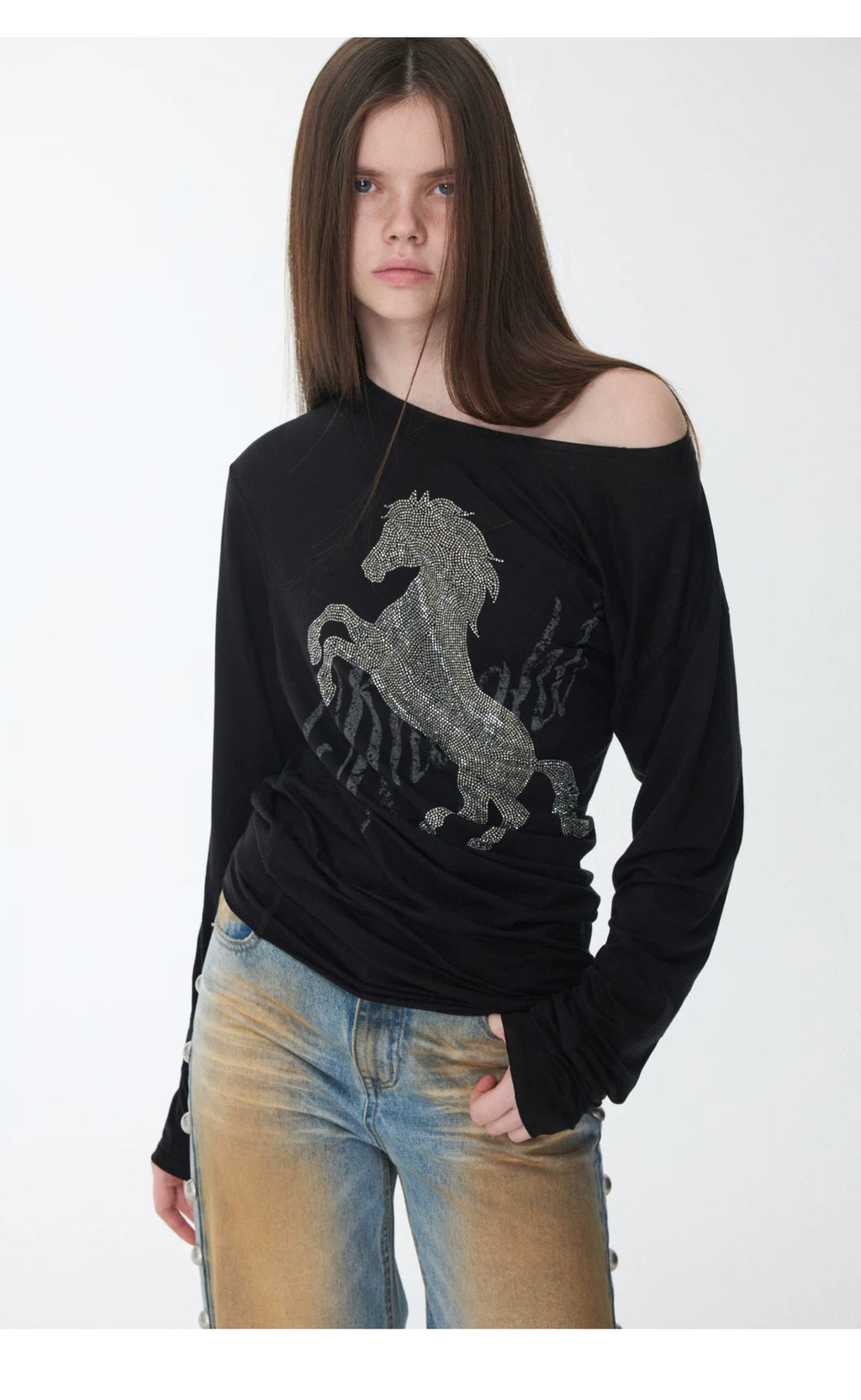 KNIGHT RHINESTONE OFF-SHOULDER LONG-SLEEVE TOP – 3colors