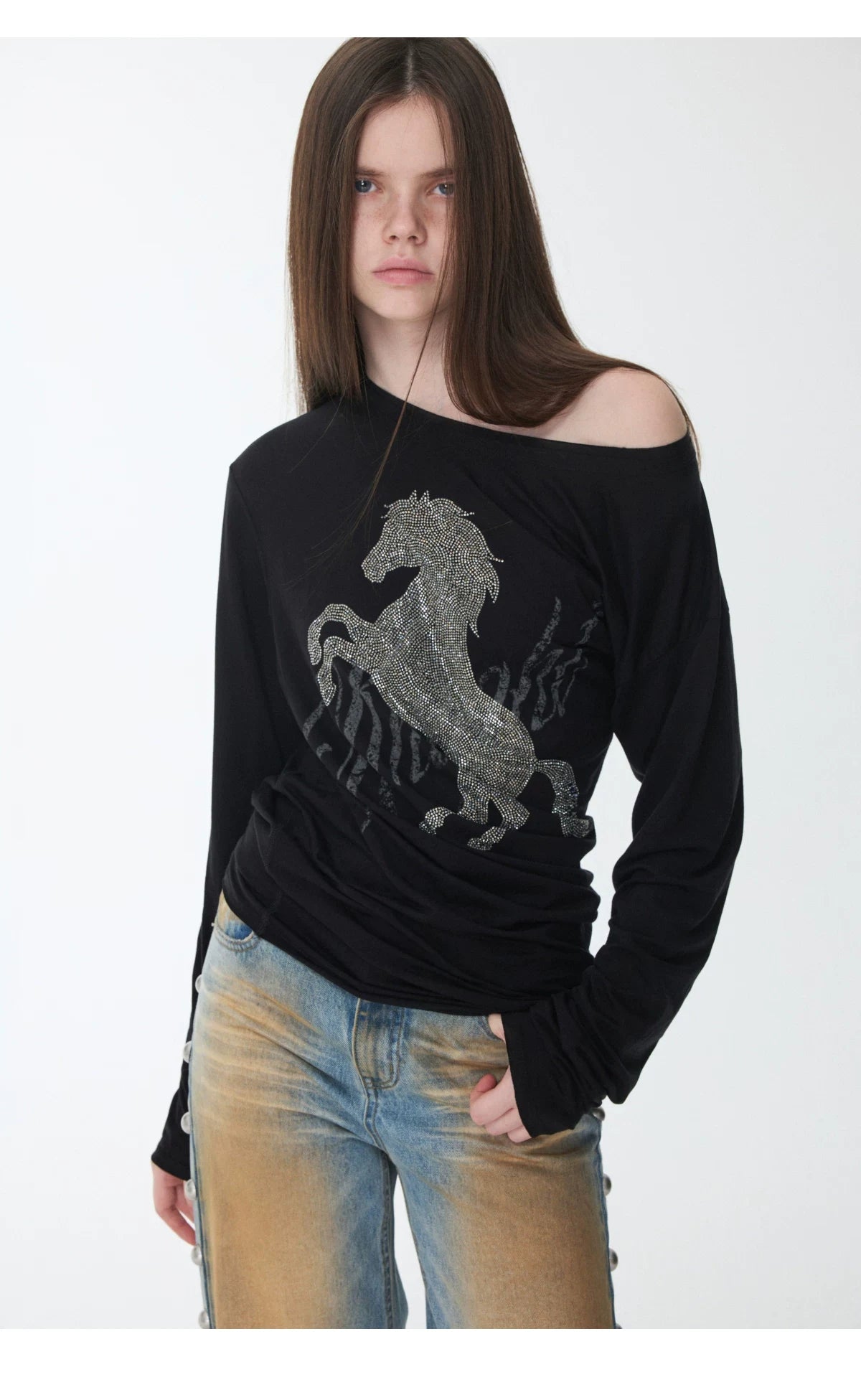 KNIGHT RHINESTONE OFF-SHOULDER LONG-SLEEVE TOP – 3colors