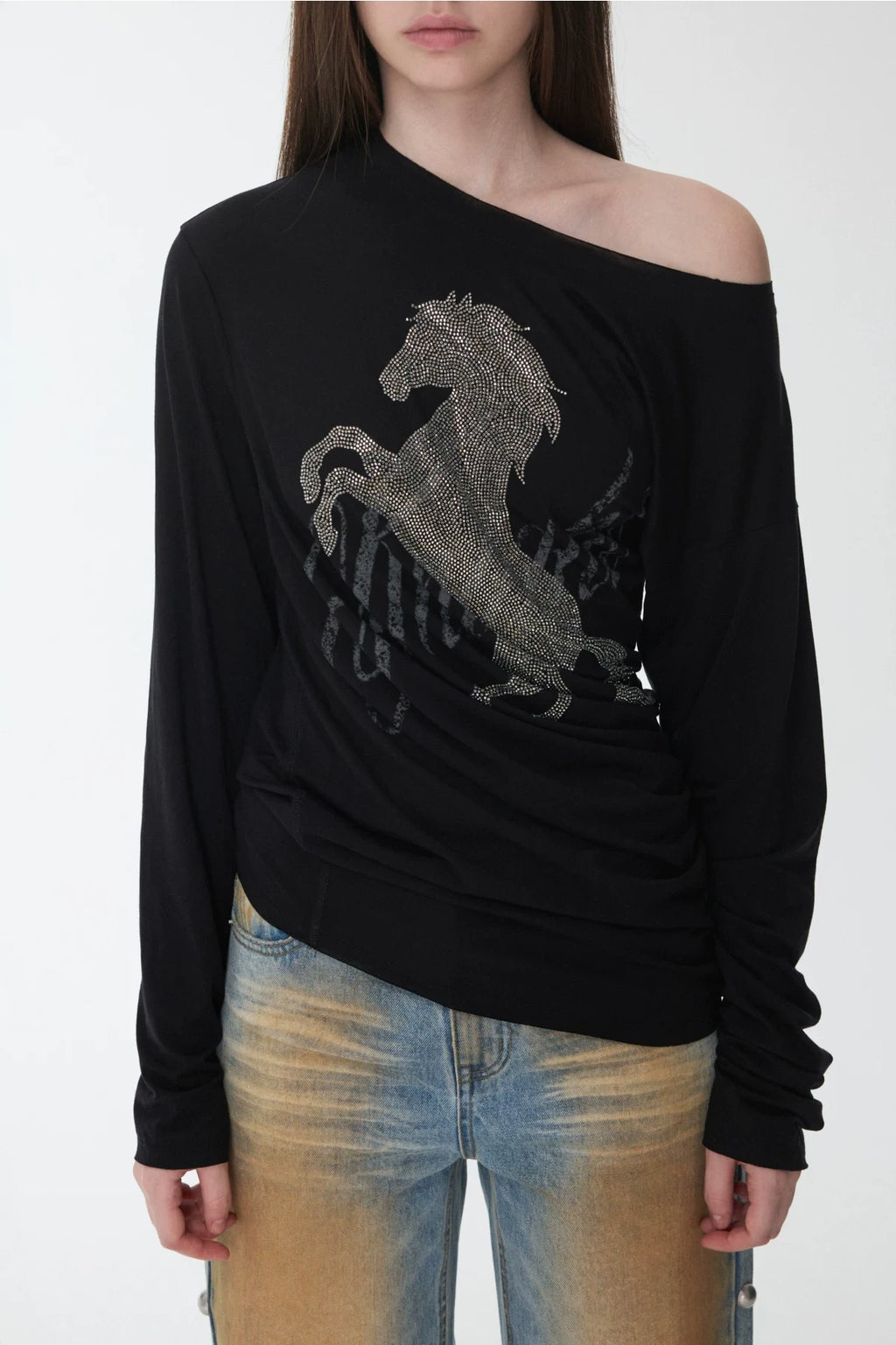KNIGHT RHINESTONE OFF-SHOULDER LONG-SLEEVE TOP – 3colors