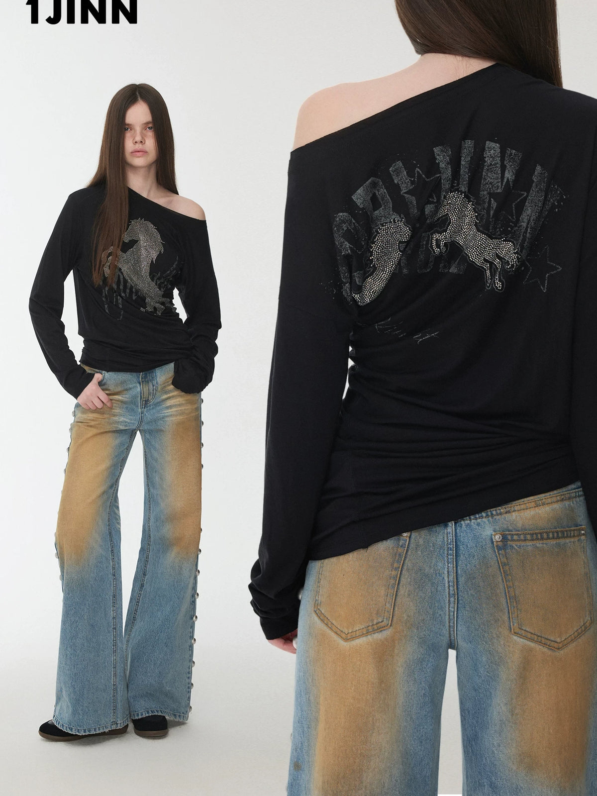 KNIGHT RHINESTONE OFF-SHOULDER LONG-SLEEVE TOP – 3colors