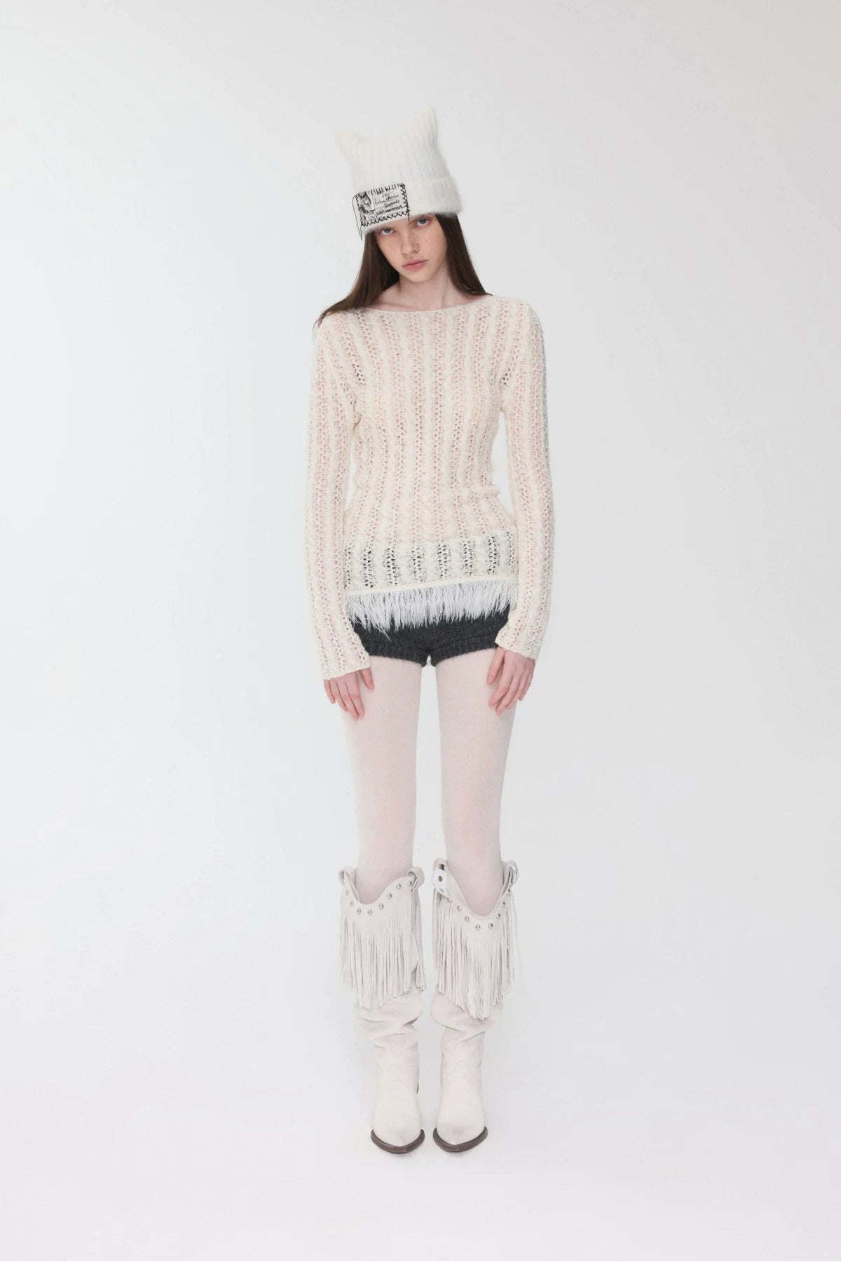 OPENWORK CABLE FRINGE BOAT-NECK KNIT TOP – 2colors