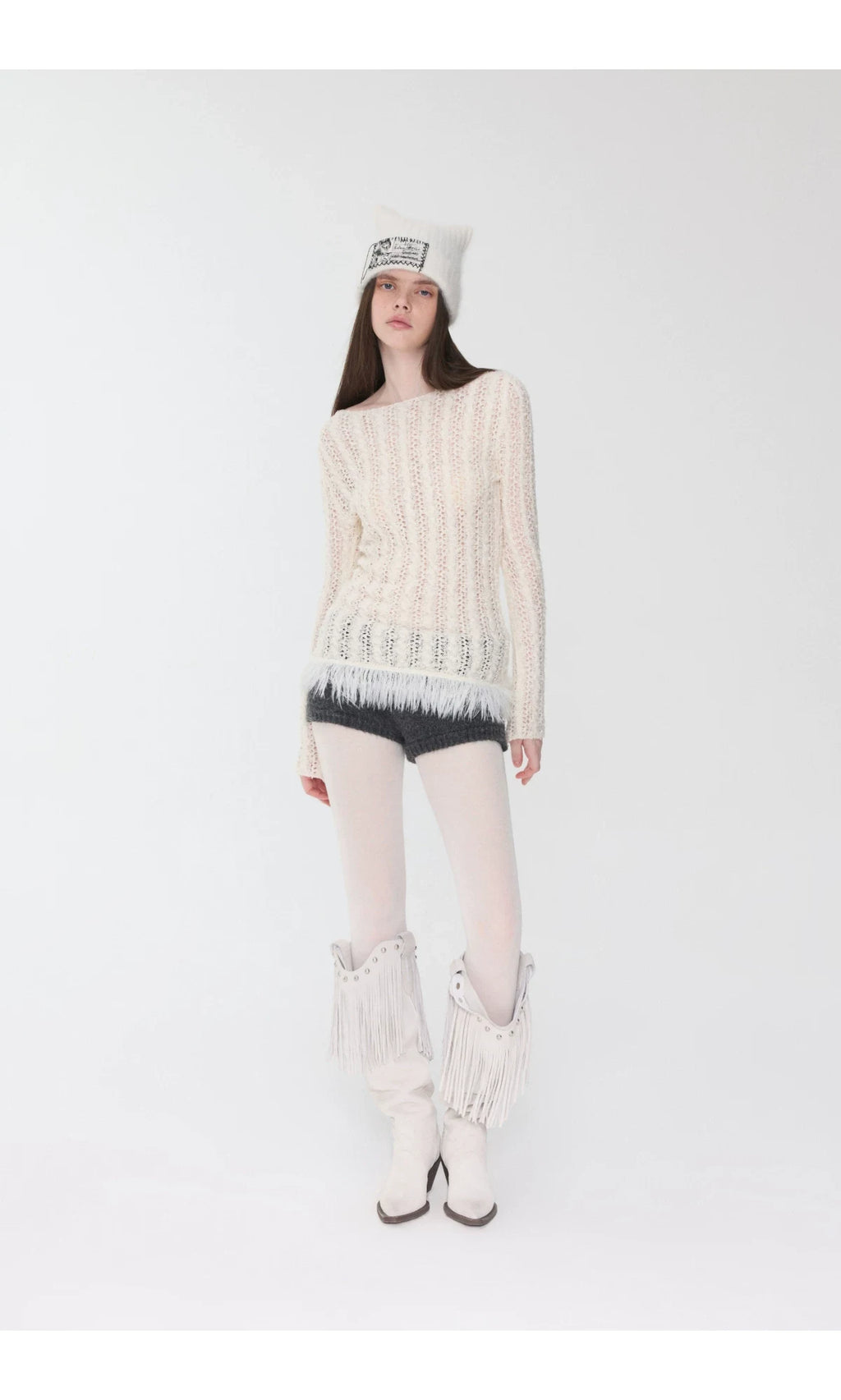 OPENWORK CABLE FRINGE BOAT-NECK KNIT TOP – 2colors